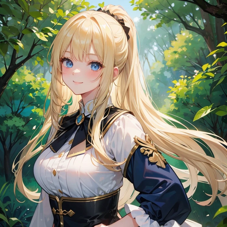 Girl,blond and straight and long hair in a ponytail, huge , blue eyes, leaning to a tree in a forrest, big smile, thight dark fighting dress with gold decorations,  very visible, half naked, age of 25