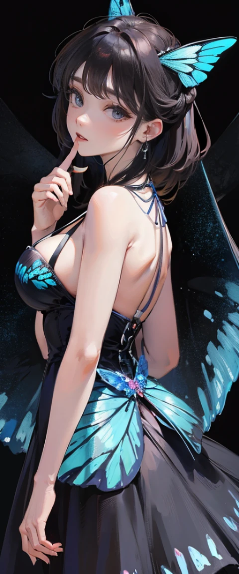 ((masterpiece, highest quality, Highest image quality, High resolution, photorealistic, Raw photo, 8K)), ((Extremely detailed CG unified 8k wallpaper)), A lone blue butterfly fluttering in the starry sky, Huge butterfly wings from the back, (blue glowing wings), Blue wings shining in the dark night, summer dress fluttering,