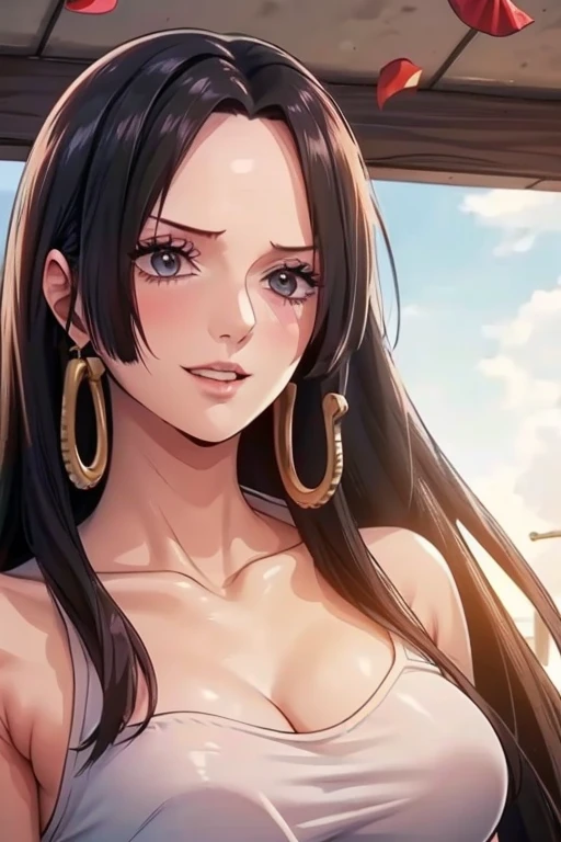 best quality, masterpiece, highly detailed,1girl, ((rose)), (vine), cage, bandage, red rope, (detail light), falling rose petals, Boa Hancock, , (masterpiece:1.5), Detailed Photo, Smiling, y, (8K, Best Quality: 1.4), (1girl), Beautiful Face, (anime realistic Face), (Black Hair, long Hair: 1.3), Beautiful Hairstyle, Realistic eyes, beautiful detail eyes, (white skin), beautiful skin, absurd, attractive, ultra high resolution, ultra realistic, high definition, golden ratio, (sexoused:1.5), Pinkish white skin, cool white light, sexy pose, utiful , white background, pink soft white light, Wear a white tank top, mature, wife, g glasses