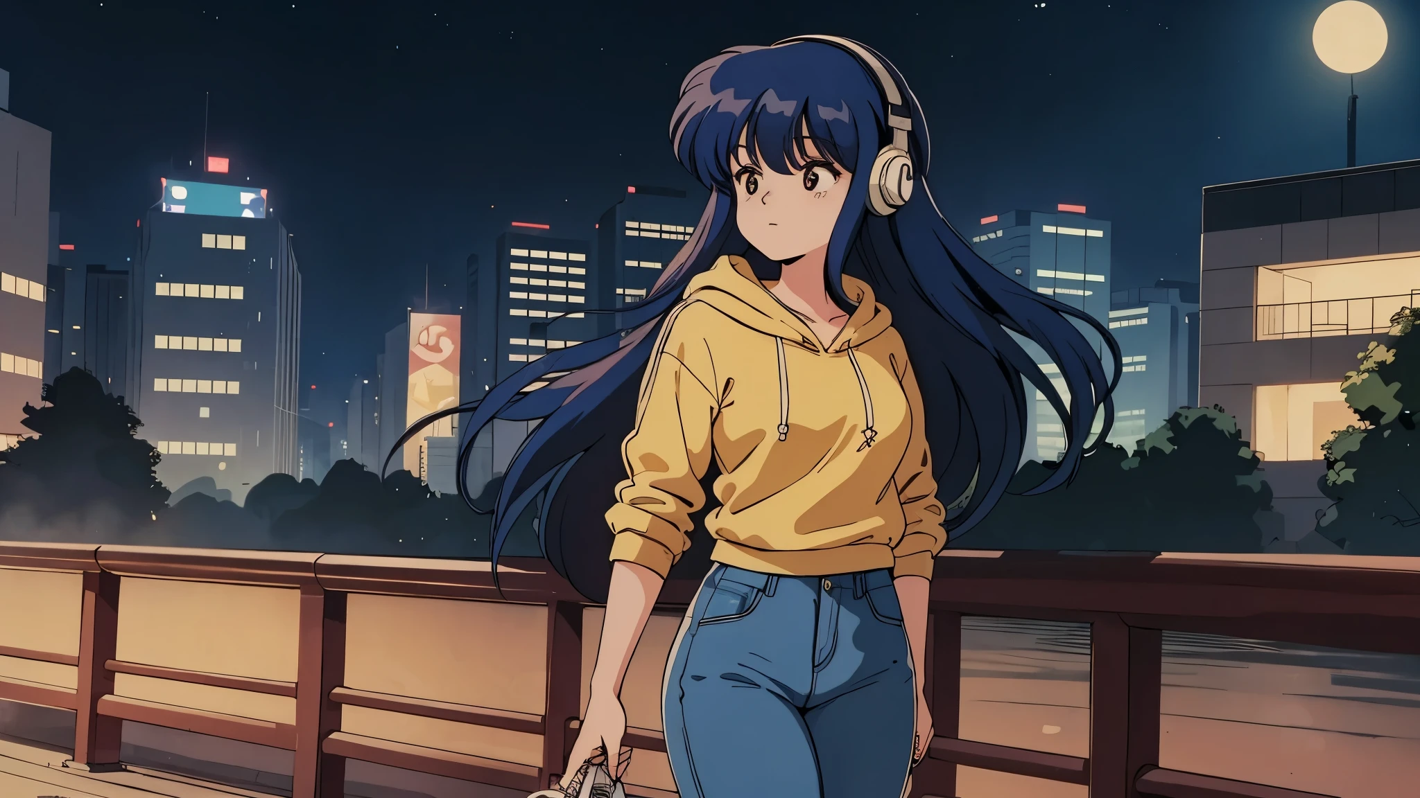 (90s anime),(city pop),(Ghibli),(ultra-detailed,master piece,best quality,high resolution,perfect eyes,perfect hands,ultra-detailed eyes,perfect fingers),(A girl wearing a blue hoodie, blue pants, and headphones is walking alone in the park at night.), (expressionless girl),(the girl doesn't look this way),(profile),(long hair)
