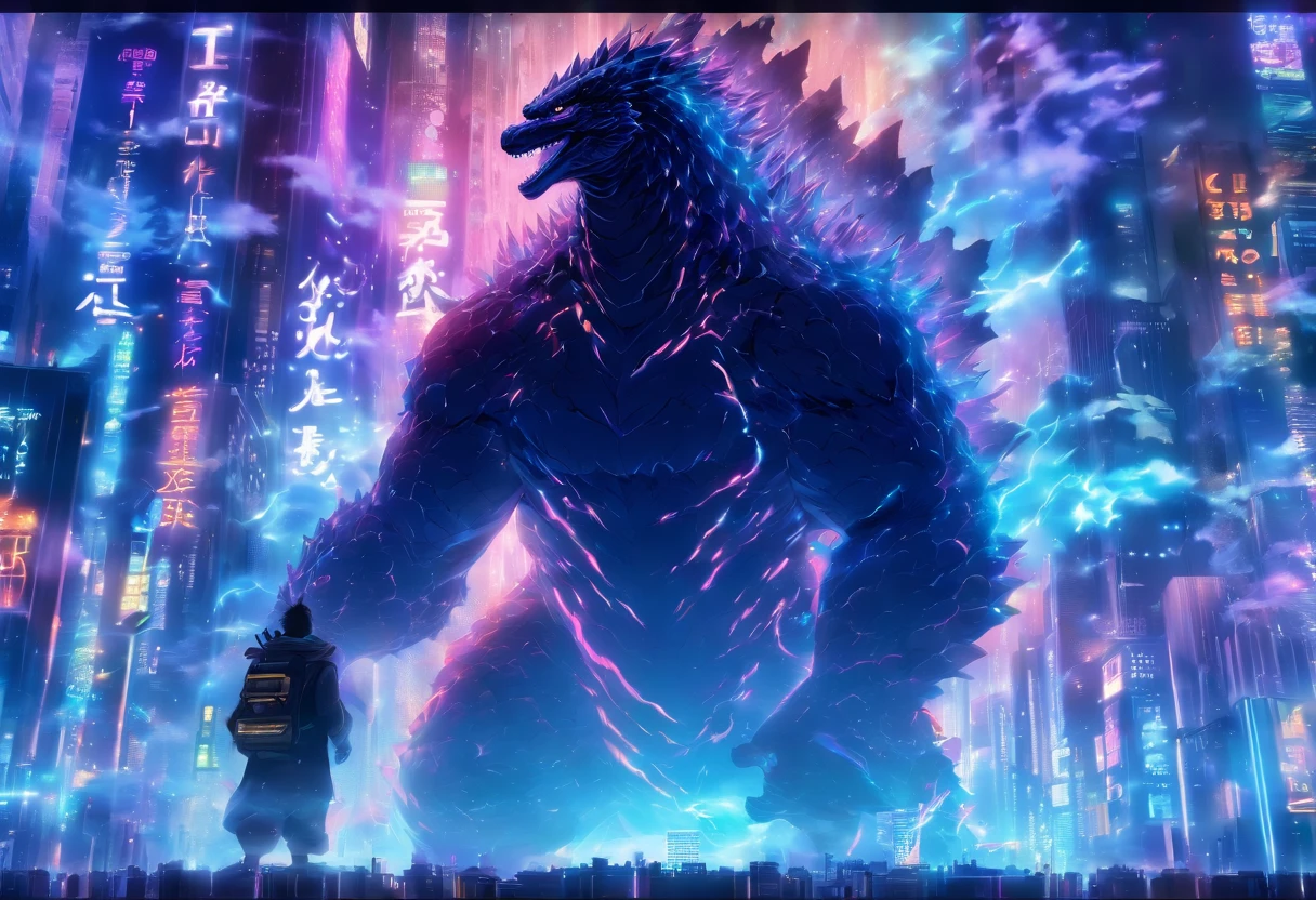 (masterpiece, best quality:1.1),
(8k, best quality, masterpiece, ultra highres, ultra-detailed:1.2),future technology,(godzilla),(glowing electronic screen),(Electronic information flow:1.3),Holographic projection,whole body,Multi-wire striations,Luminous text on thigh,(boy pose:1.2),whole body,Colored smoke,City,skyscraper,neon lights，