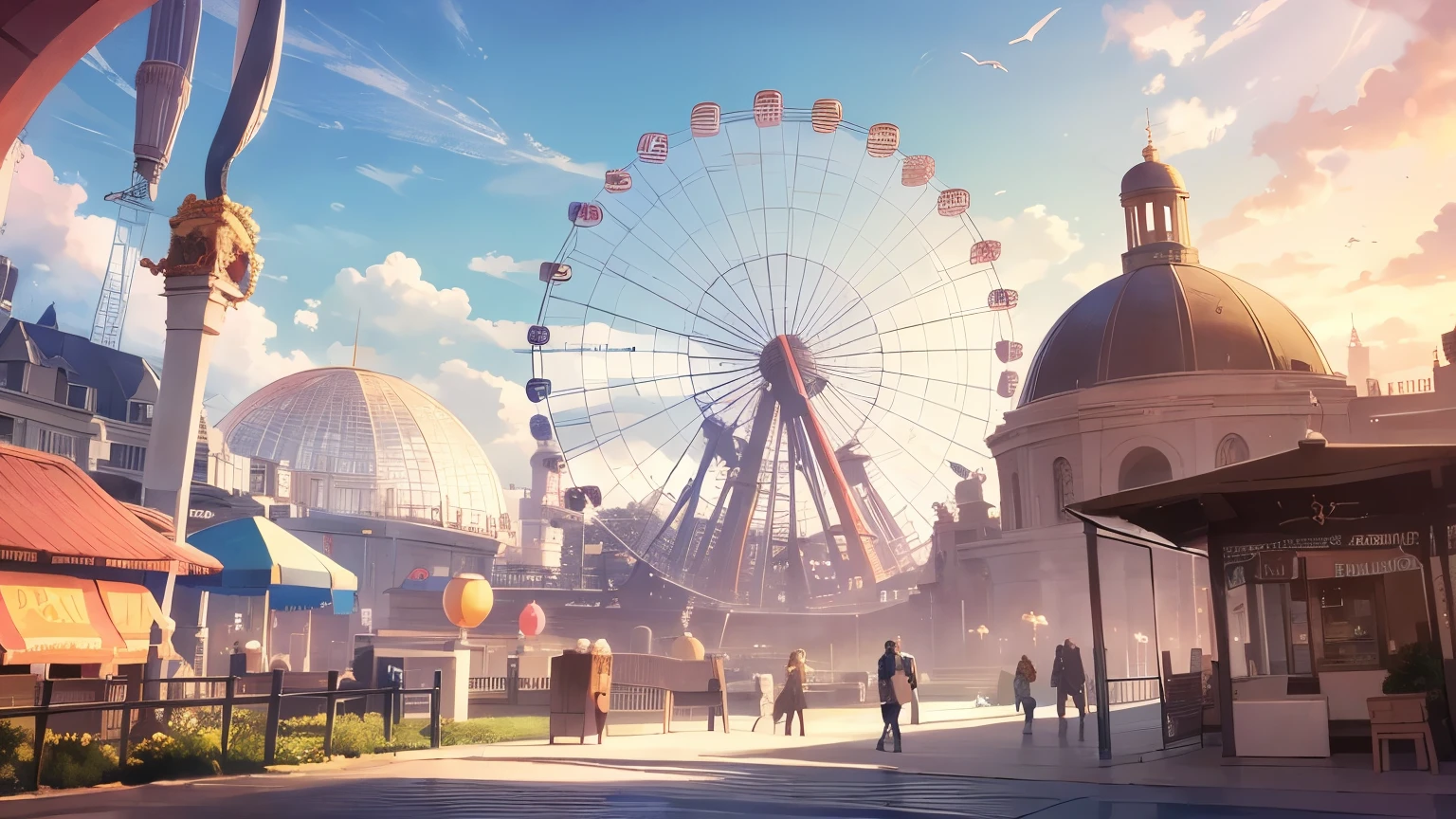 The background is an amusement park