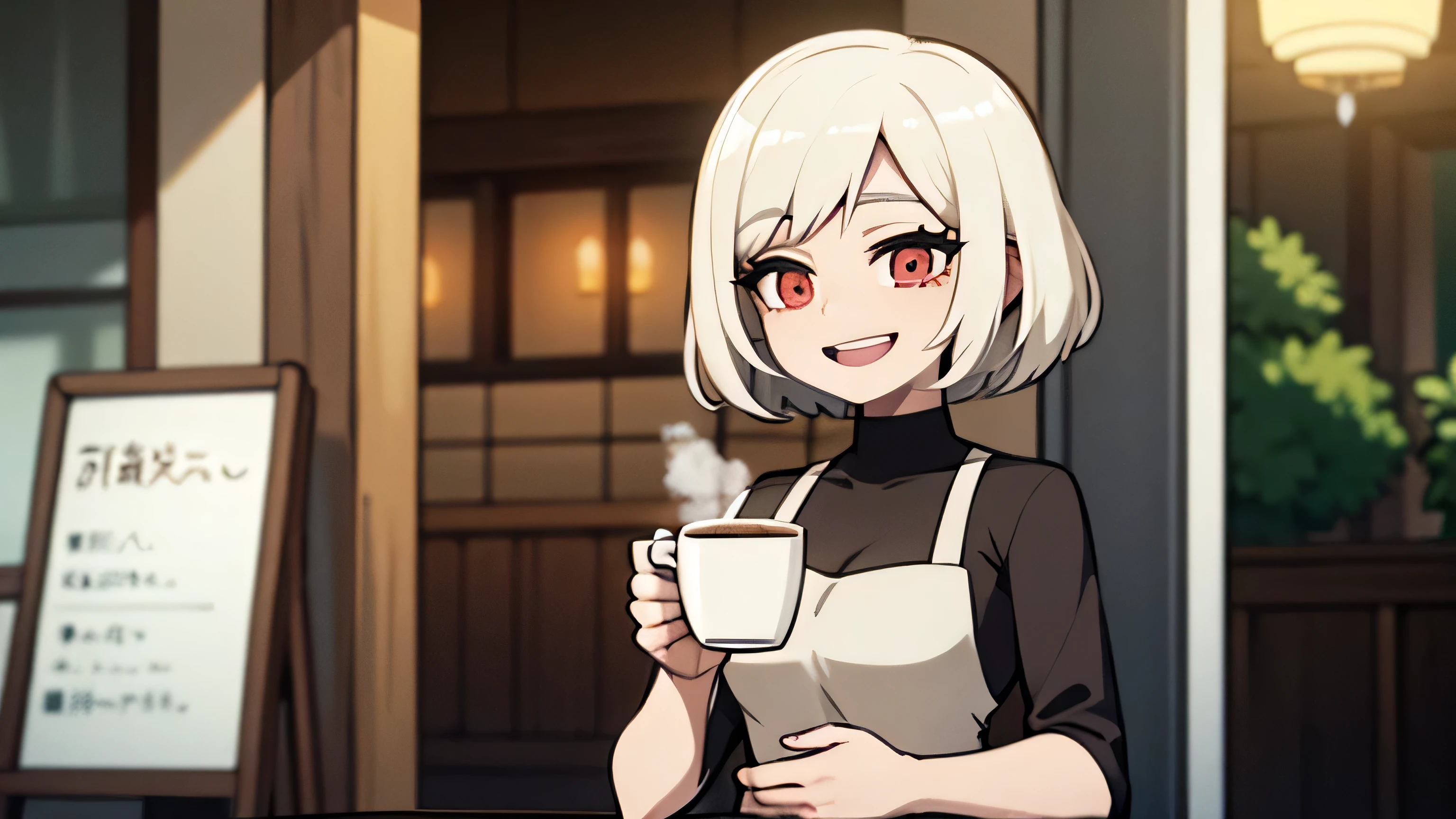 A cheerful woman with short hair enjoying drinking coffee at a cafe during the day on a rainy day Night lighting Japanese anime style
