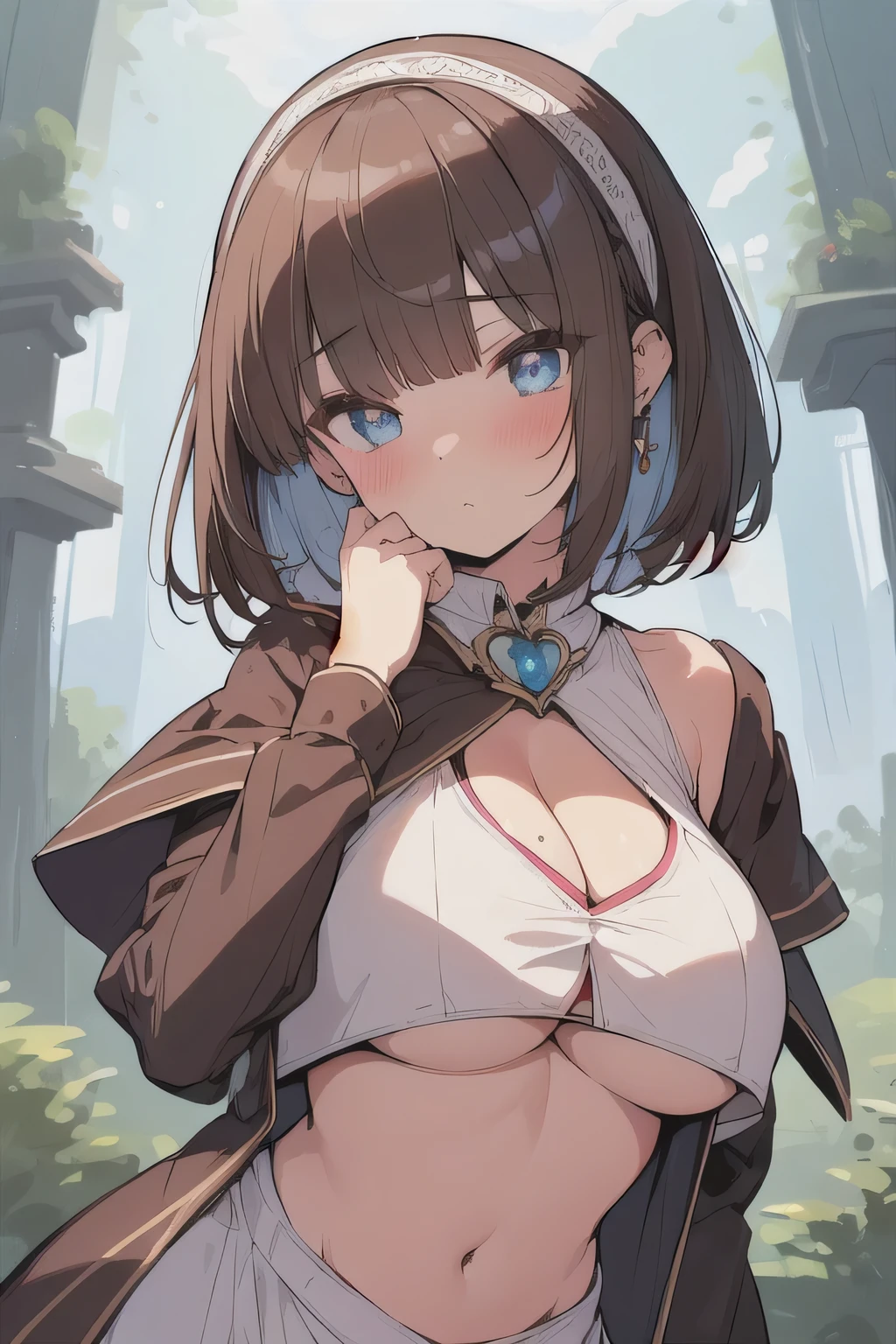 (best quality), (Super detailed), (Best Illustration), (woman), look at viewer, {(Cleric robe:1.2), (underboob:1.2), (cleavage:1.2), (large breasts)}, {(detailed eyes), (heart-shaped pupils), blue eyes}, {brown hair, (sideburns), (bob cut:1.3), curly hair, hairs between eyes, colored inner hair}, blush, earring, hair band, fantasy landscape,