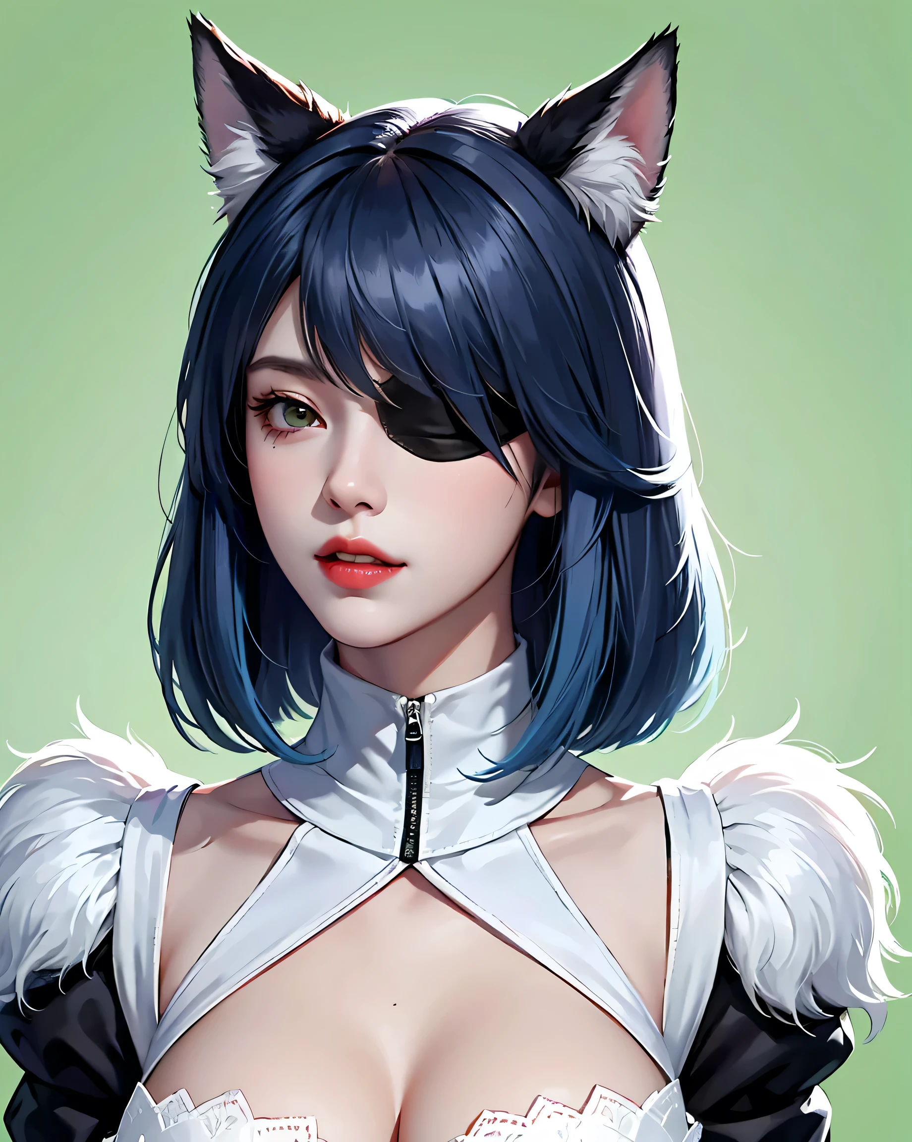 One girl, Wow, (Blindfold), chest, Chest cleavage, Chest cleavage cutout, Dress cutout, Green background, Hair between the eyes, head band, High resolution, Juliet Sleeve, Long sleeve, Nier (series), Nier automata, Fluffy sleeves, Red lips, Shadow Face, short hair, alone, Turtleneck sweater, Upper Body, l Blue hair, null, White fox ears, White fox tail, nine tailed fox,