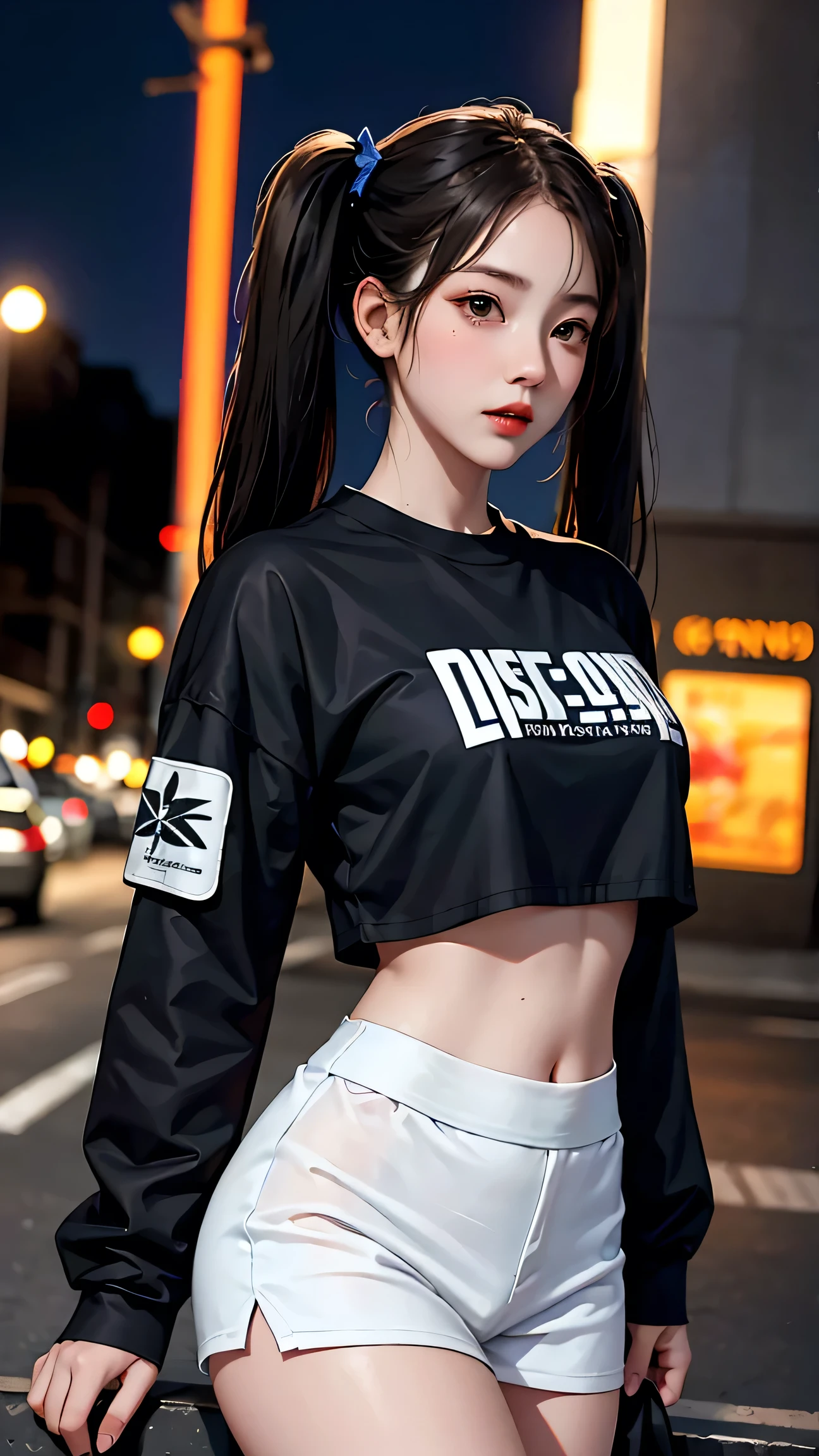 masterpiece, highest quality, One Girl, alone, blush, Twin tails, Long Hair, ((See-through streetwear)), Outdoor, night, Movie Posters, Extremely detailed 8K, Smooth, High resolution, super high quality, Cinema Lighting, 16k, Detailed face, Perfect composition, , Atmospheric lighting, Very sexy,(Large Breasts)，Small waist