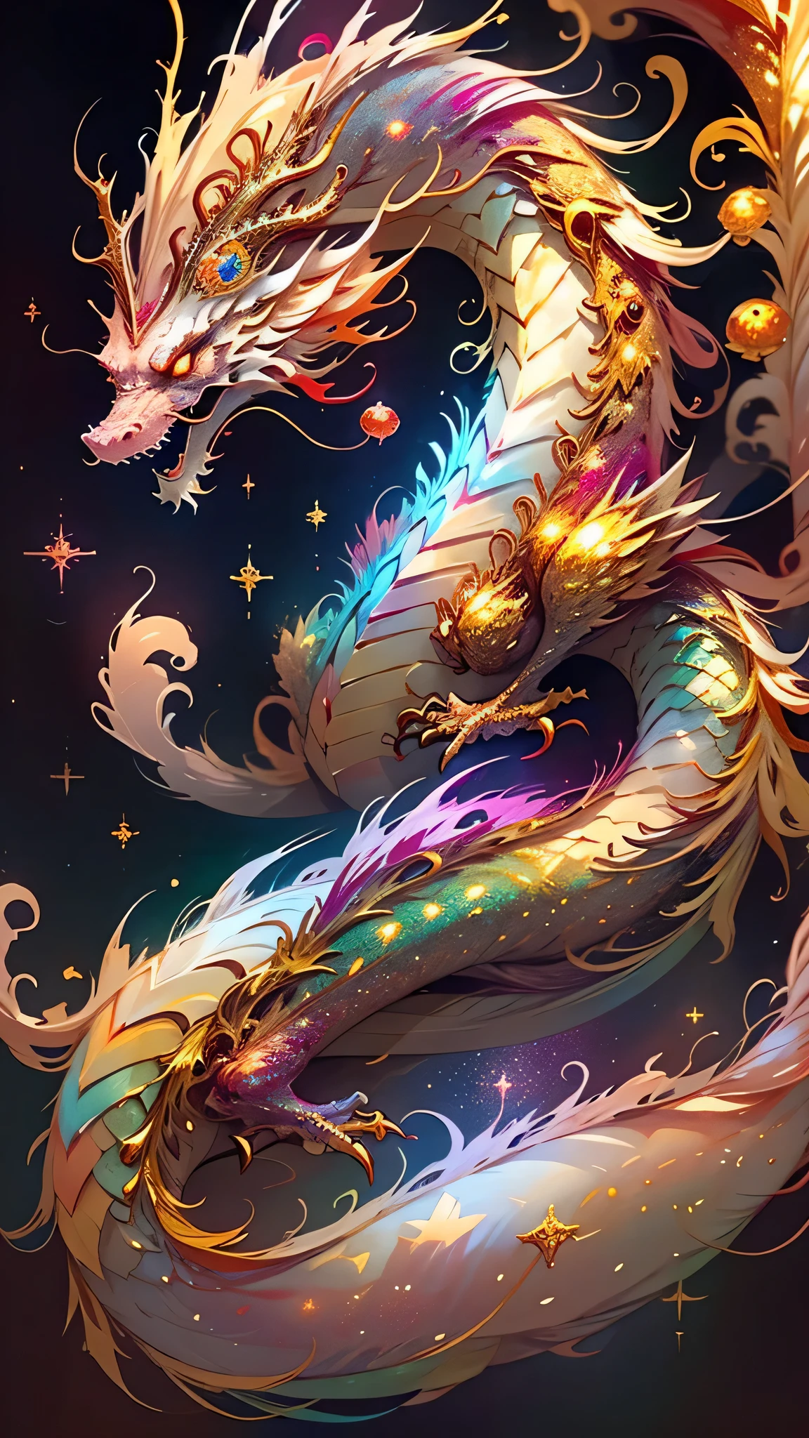 Golden Dragon。Rainbow glowing scales。The dragon god is coming。Golden Splash、milky way、god々々right、Staring straight ahead、Redbeard、Red glowing eyes、Sparkly Background