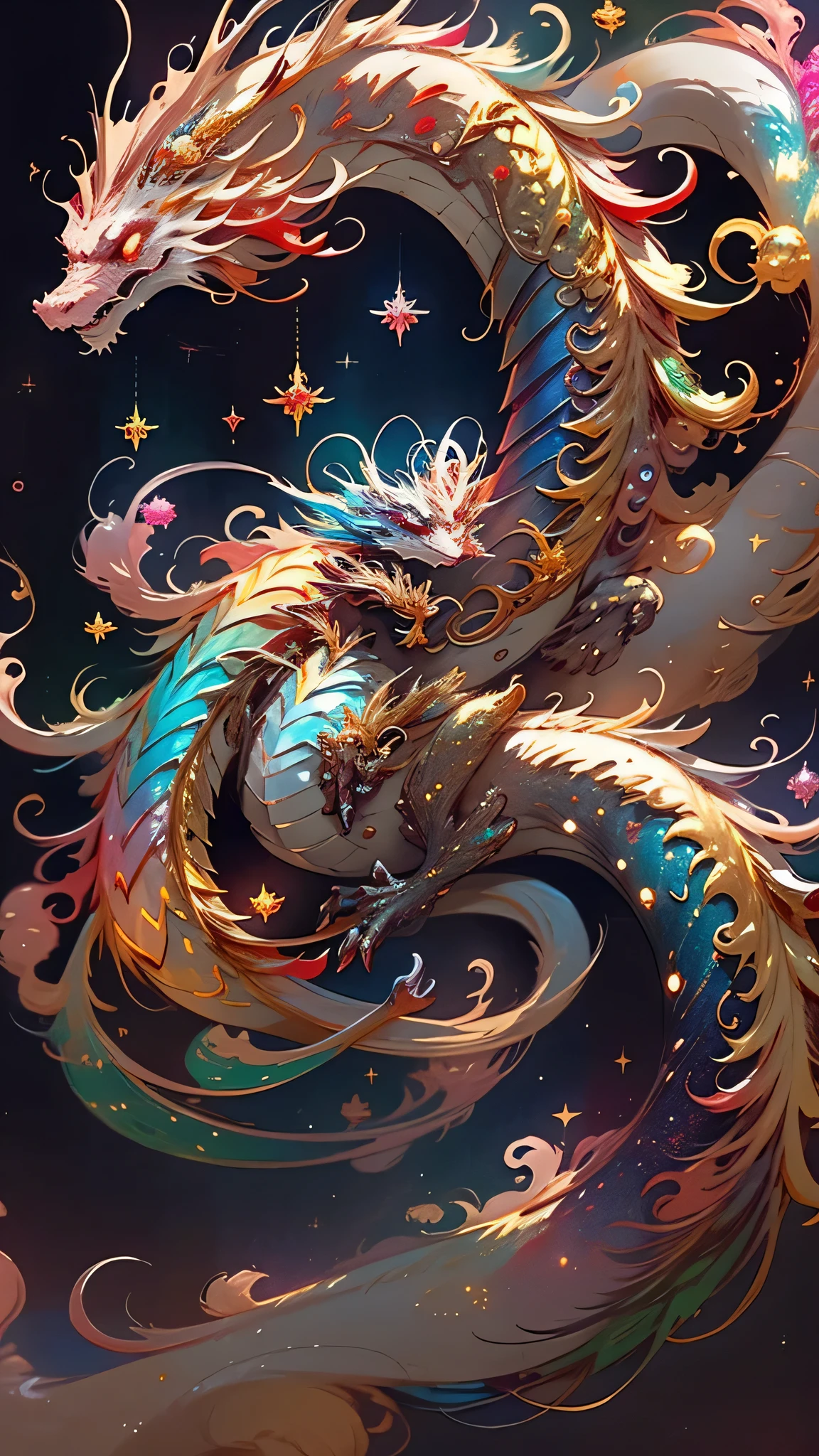 Golden Dragon。Rainbow glowing scales。The dragon god is coming。Golden Splash、milky way、god々々right、Staring straight ahead、Redbeard、Red glowing eyes、Sparkly Background