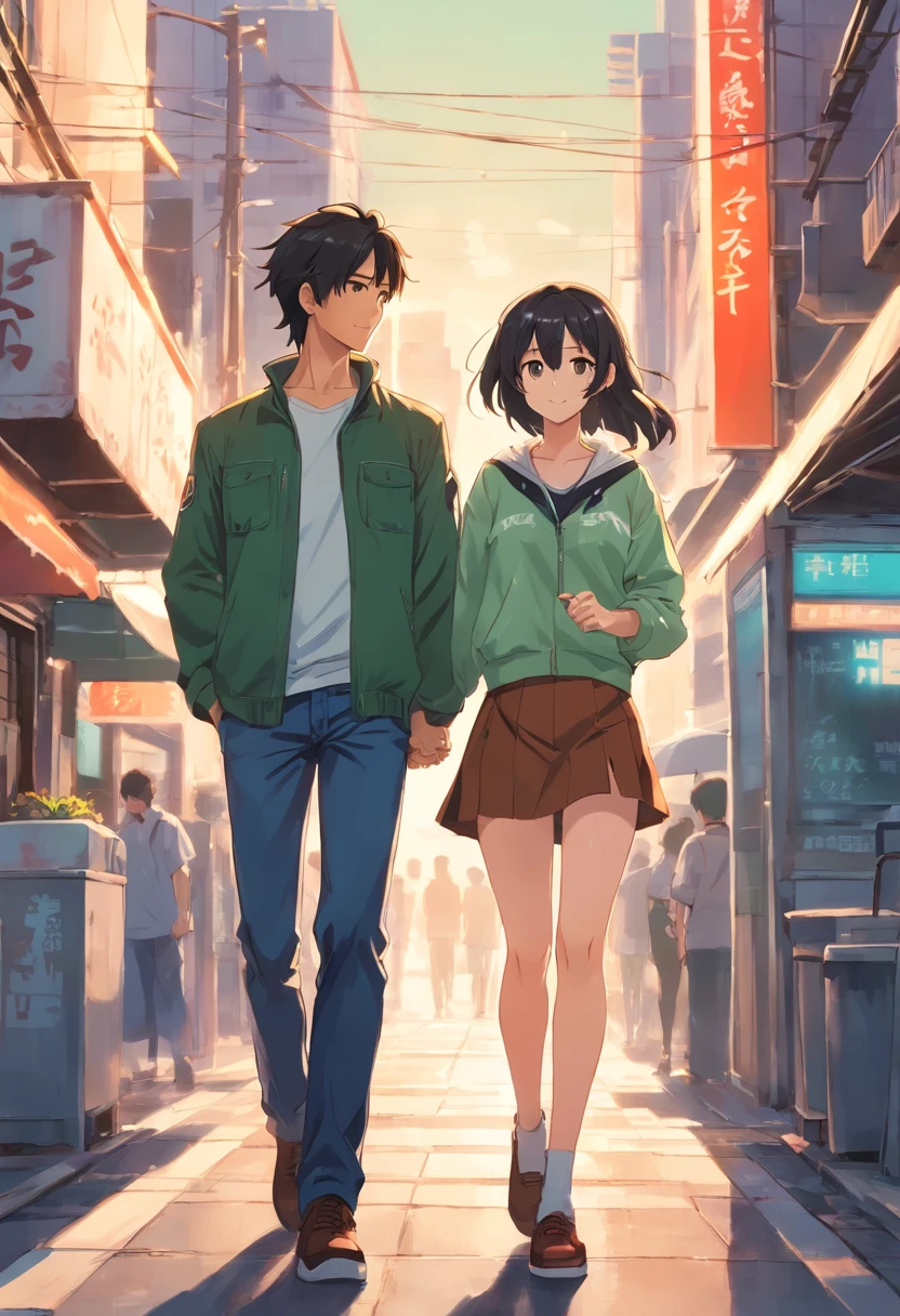 A man and a woman aged 19 years, the man is very handsome with black hair and brown eyes, the man wears a green jacket and white t-shirt, and the man wears black jeans , while the woman is very beautiful with long black hair and brown eyes, the woman has big breasts, the woman wears a white shirt and a black mini skirt, the woman holds the man's hand while looking at him and smiling while walking forward, while the man just kept a straight face as he walked forward