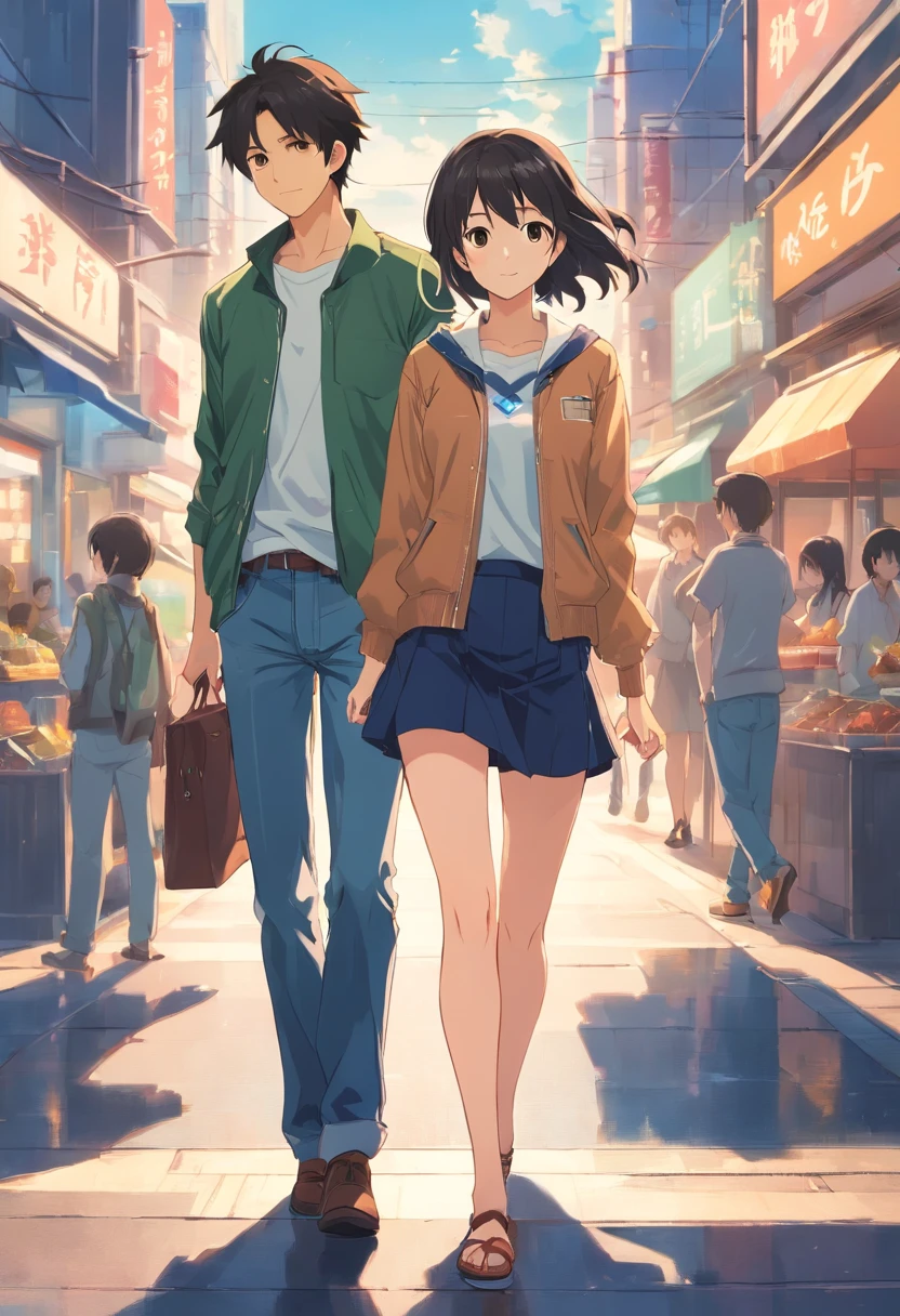 A man and a woman aged 19 years, the man is very handsome with black hair and brown eyes, the man wears a green jacket and white t-shirt, and the man wears black jeans , while the woman is very beautiful with long black hair and brown eyes, the woman has big breasts, the woman wears a white shirt and a black mini skirt, the woman holds the man's hand while looking at him and smiling while walking forward, while the man just kept a straight face as he walked forward