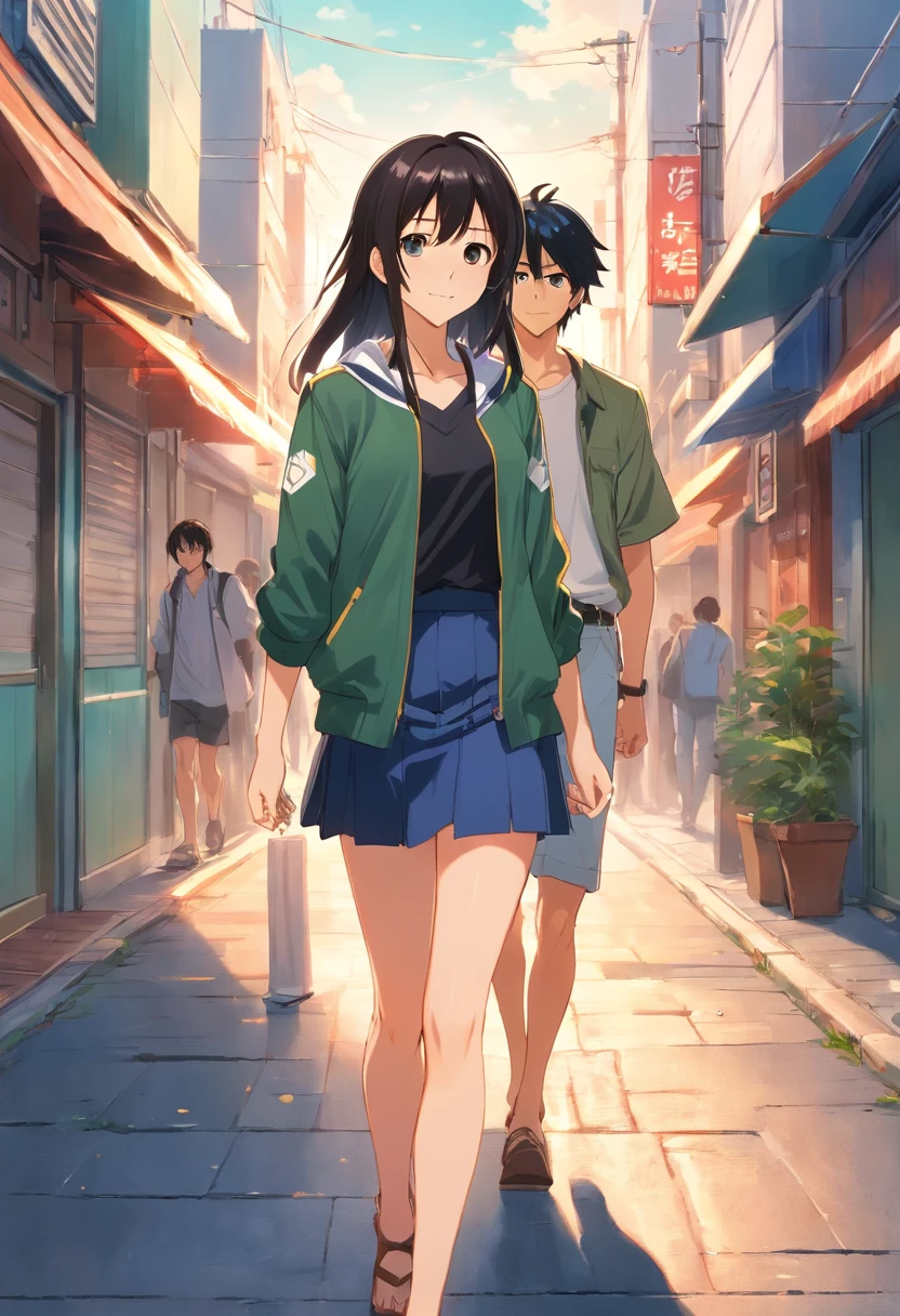 A man and a woman aged 19 years, the man is very handsome with black hair and brown eyes, the man wears a green jacket and white t-shirt, and the man wears black jeans , while the woman is very beautiful with long black hair and brown eyes, the woman has big breasts, the woman wears a white shirt and a black mini skirt, the woman holds the man's hand while looking at him and smiling while walking forward, while the man just kept a straight face as he walked forward