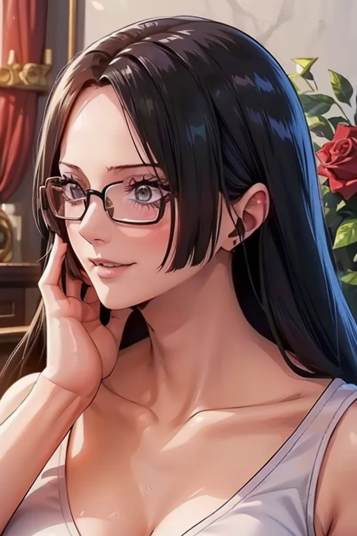 best quality, masterpiece, highly detailed,1girl, ((rose)), (vine), cage, bandage, red rope, (detail light), falling rose petals, Boa Hancock, , (masterpiece:1.5), Detailed Photo, Smiling, Sexy, (8K, Best Quality: 1.4), (1girl), Beautiful Face, (anime realistic Face), (Black Hair, long Hair: 1.3), Beautiful Hairstyle, Realistic eyes, beautiful detail eyes, (white skin), beautiful skin, absurd, attractive, ultra high resolution, ultra realistic, high definition, golden ratio, (sexually aroused:1.5), Pinkish white skin, cool white light, sexy pose, Beautiful , white background, pink soft white light, Wear a white tank top, mature, wife, (wearing glasses:1.5)