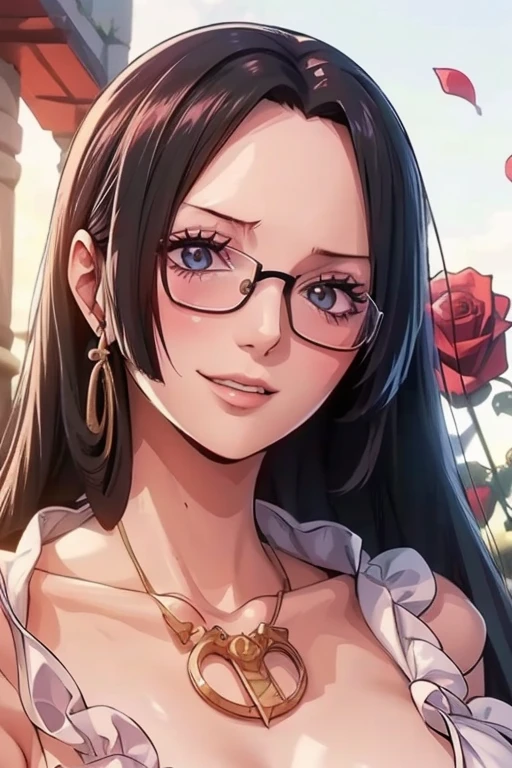 best quality, masterpiece, highly detailed,1girl, ((rose)), (vine), cage, bandage, red rope, (detail light), falling rose petals, Boa Hancock, , (masterpiece:1.5), Detailed Photo, Smiling, Sexy, (8K, Best Quality: 1.4), (1girl), Beautiful Face, (anime realistic Face), (Black Hair, long Hair: 1.3), Beautiful Hairstyle, Realistic eyes, beautiful detail eyes, (white skin), beautiful skin, absurd, attractive, ultra high resolution, ultra realistic, high definition, golden ratio, (sexually aroused:1.5), Pinkish white skin, cool white light, sexy pose, Beautiful , white background, pink soft white light, Wear a white tank top, mature, wife, (wearing glasses:1.5)