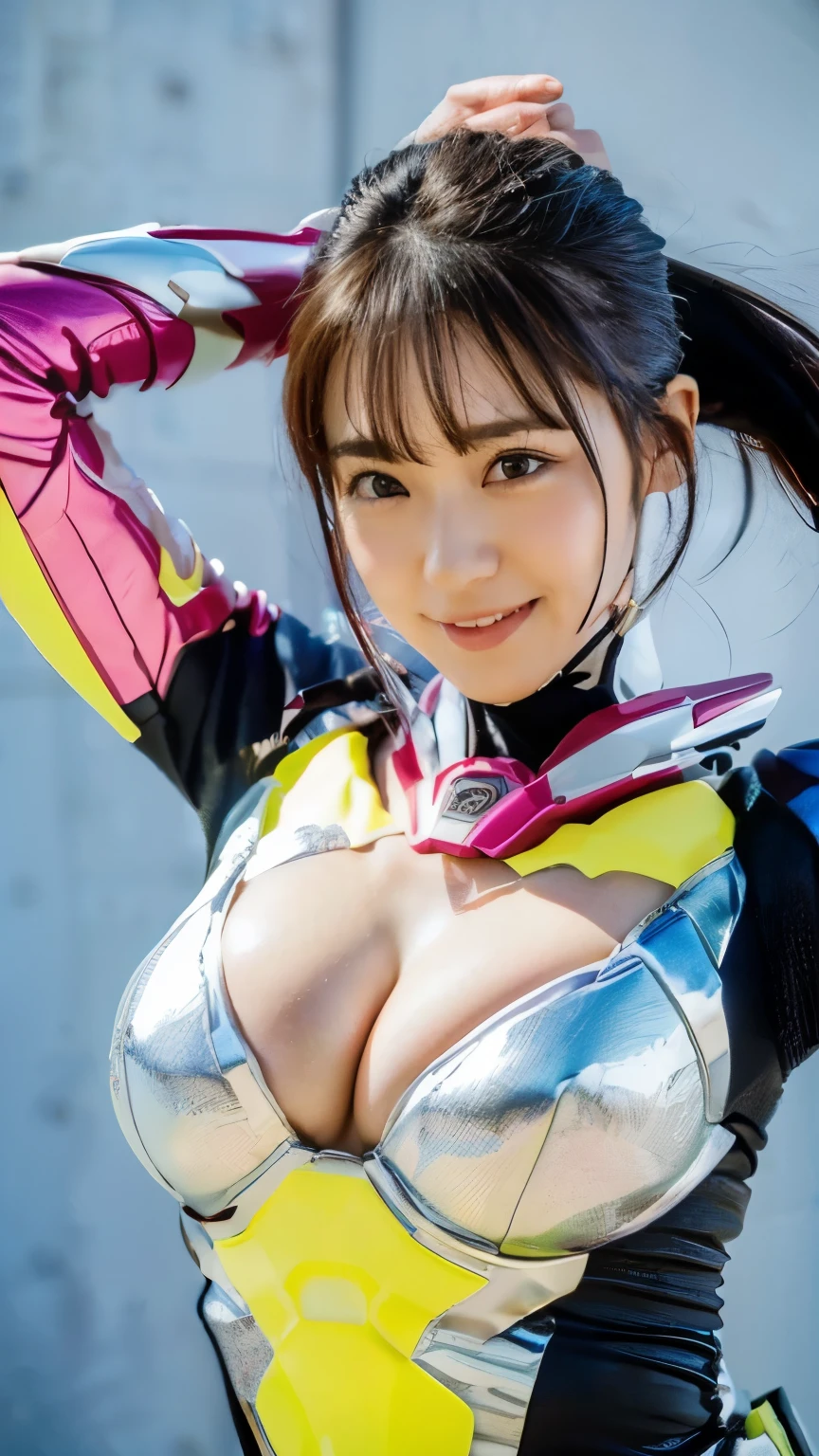 (super highest quality、8K、Delicate illustrations),(Wearing a futuristic, skin-tight hero suit in deep pink and white metallic luster:1.8)、A beautiful and seductive Japanese woman, 25 years old、Ponytail black hair、Voluptuous body、Huge breasts 、smile、Stretch:1.5