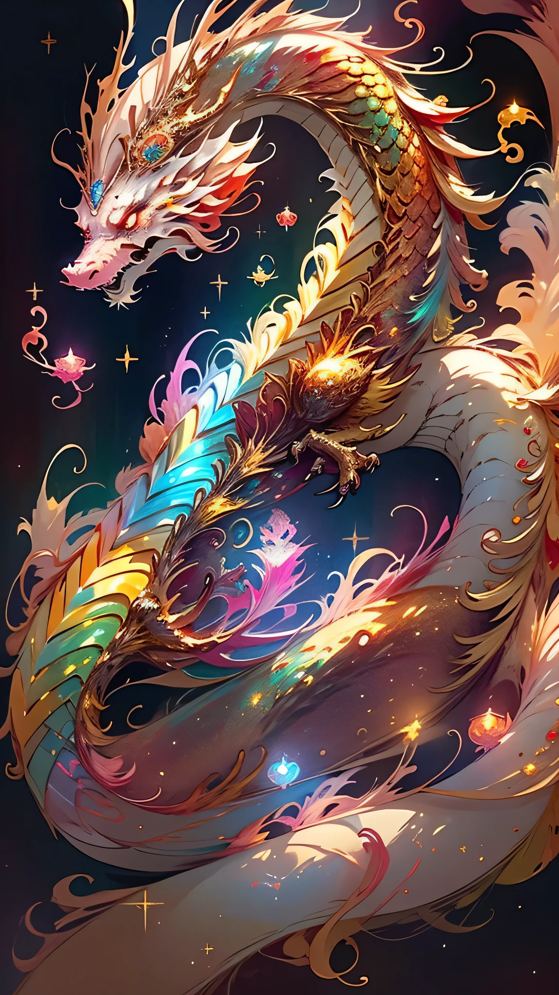 Golden Dragon。Rainbow glowing scales。The dragon god is coming。Golden Splash、milky way、god々々right、Staring straight ahead、Redbeard、Red glowing eyes、Sparkly Background