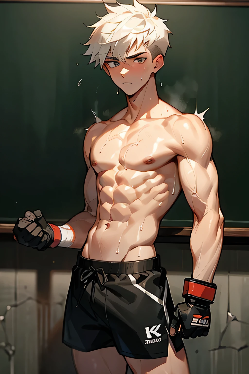 a shirtless exhausted 19-year old handsome caucasian male in faded haircut, mma gloves, fighting shorts, cute, handsome face, six-pack abs, beautiful body, well-defined body, dripping sweat, drenched with sweat, head down, hands down, standing infront of a blackboard