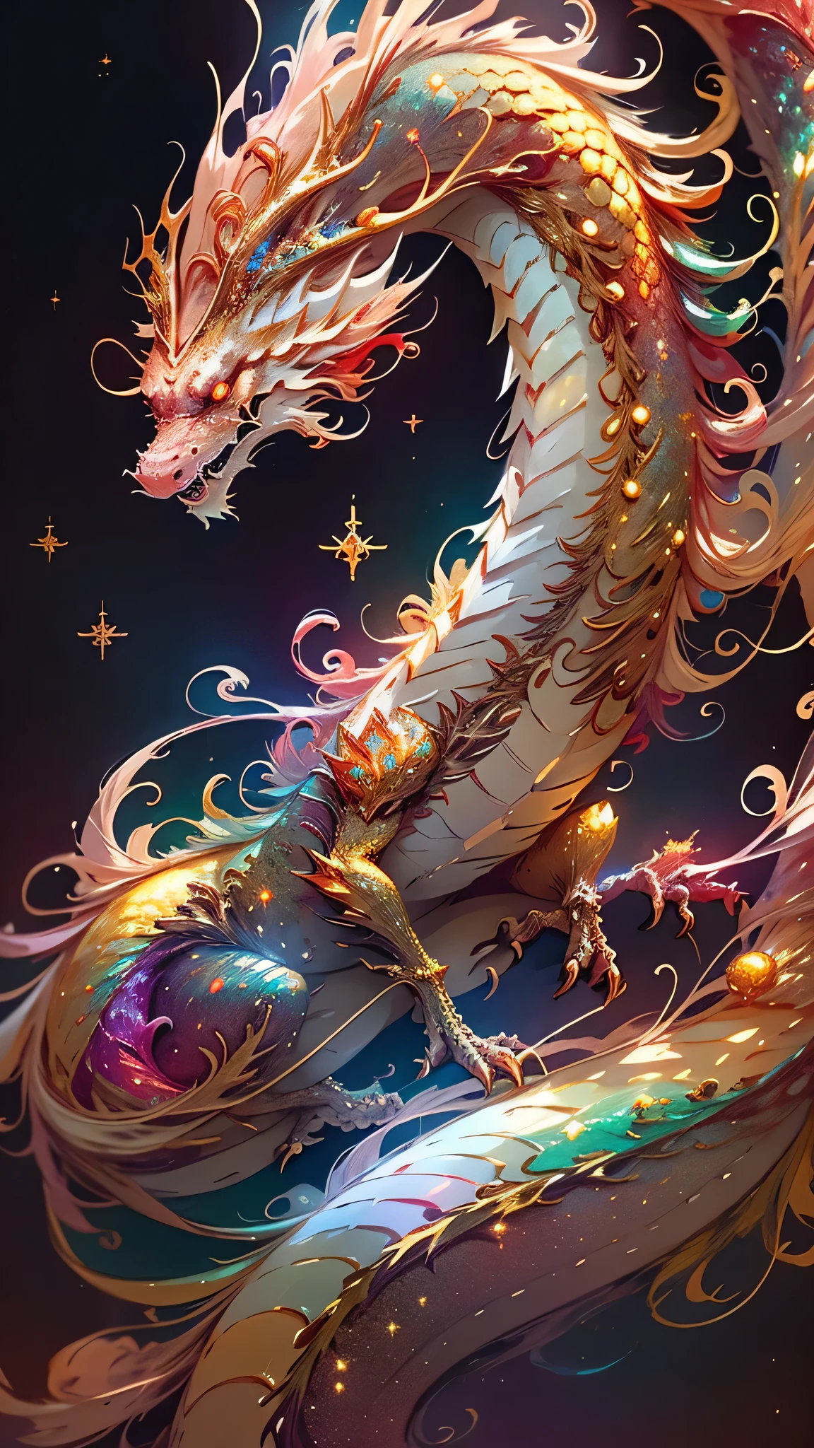 Golden Dragon。Rainbow glowing scales。The dragon god is coming。Golden Splash、milky way、god々々right、Staring straight ahead、Redbeard、Red glowing eyes、Sparkly Background