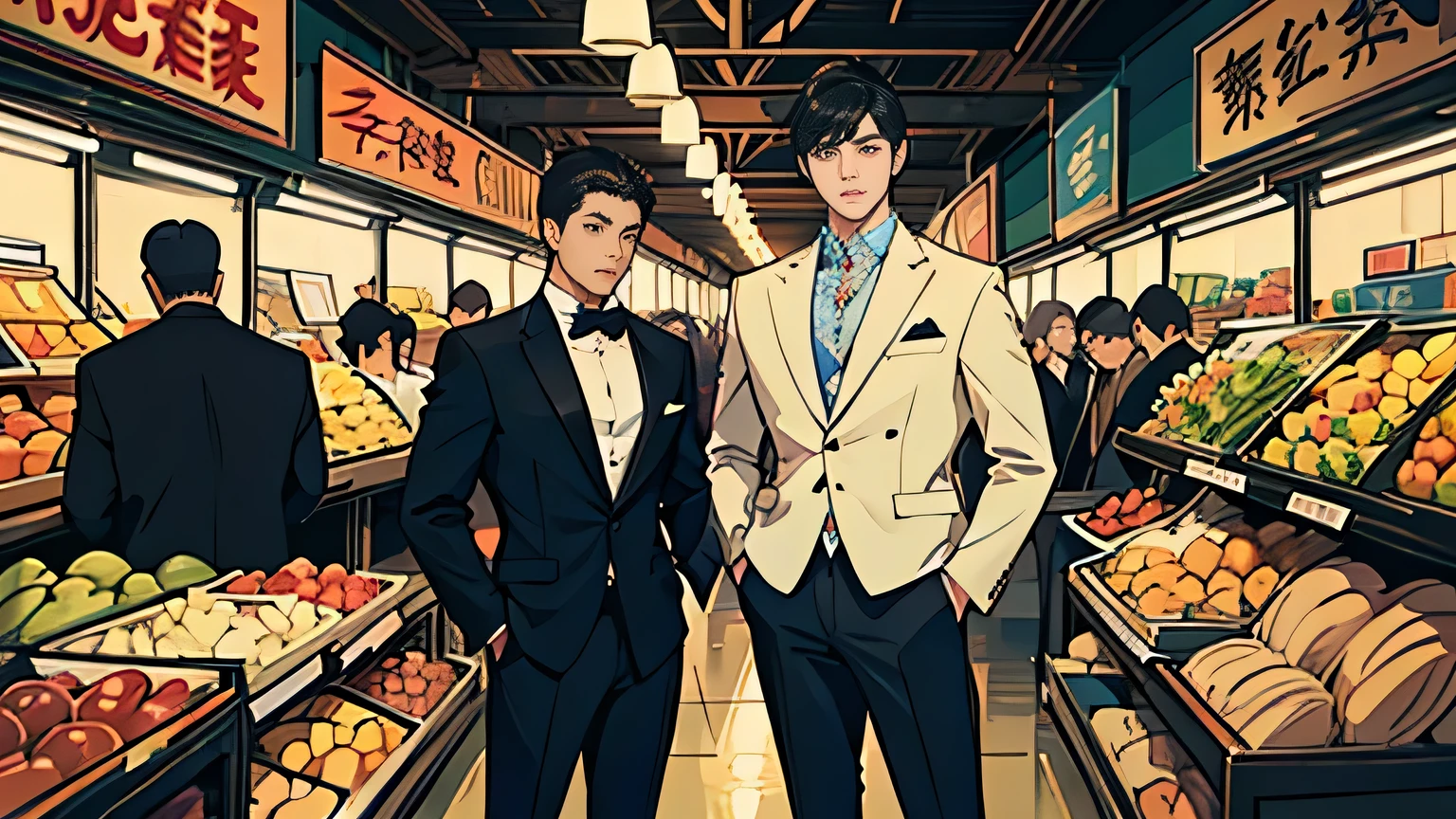 Two handsome 20-year-old Chinese boys, one 26 years old、merchant、Sports suits、Bustling night market streets,Young and handsome men、 Full body photo、 (CG Unity 8K high definition photos)、Photoreality)、((quality))、Super detailed、 (masterpiece)、 super high image quality、 expensive, Very beautiful hair、 Short hair detailed front view、 Handsome like a model、 Handsome like an idol,Natural smile