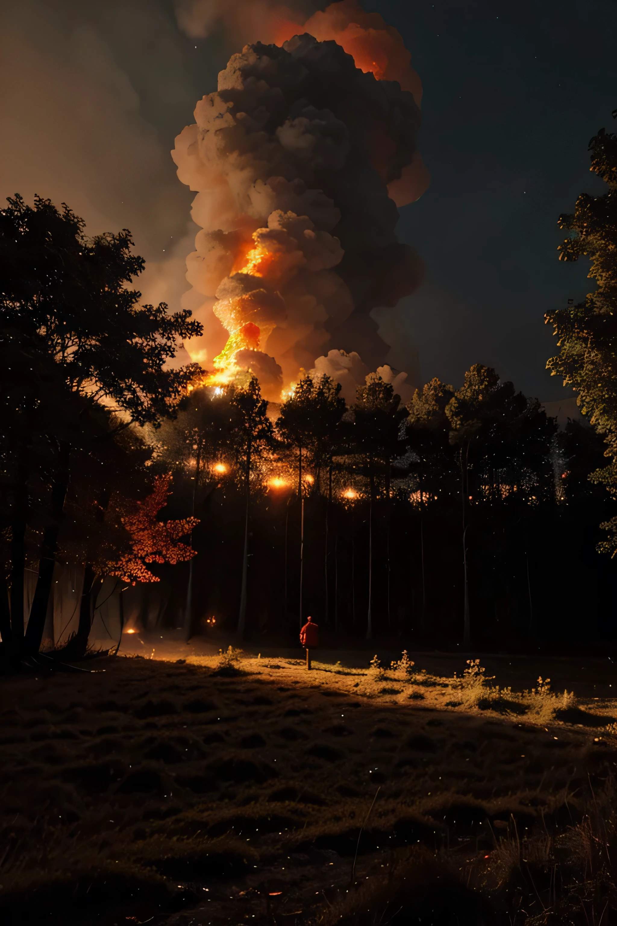 make landscape of forest, many tree, backlight, many fire on behinde, more red, night, HD
