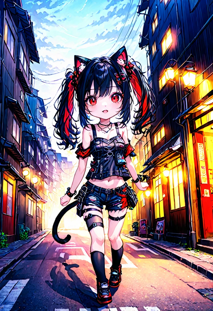 8k,wallpaper of extremely detailed CG unit, ​masterpiece,hight resolution,top-quality,top-quality real texture skin,hyper realisitic,increase the resolution,RAW photos,best qualtiy,highly detailed,the wallpaper, BREAK ,solo,1girl,cute,kawaii,evil smile,hair floating,hair messy,black hair,long hair,twin tails hair,pale skin,skin color blue,eyes are red,red eyes shining,big eyes,ripped clothes,tight tube top,tight hot pants,dynamic pose,stomach shown,punk fashion,(cat ear:1.4),outside,noisy city,backstreet,(narrow street:1.6),street lights,[chibi],@_@,dashed eyes,no tail