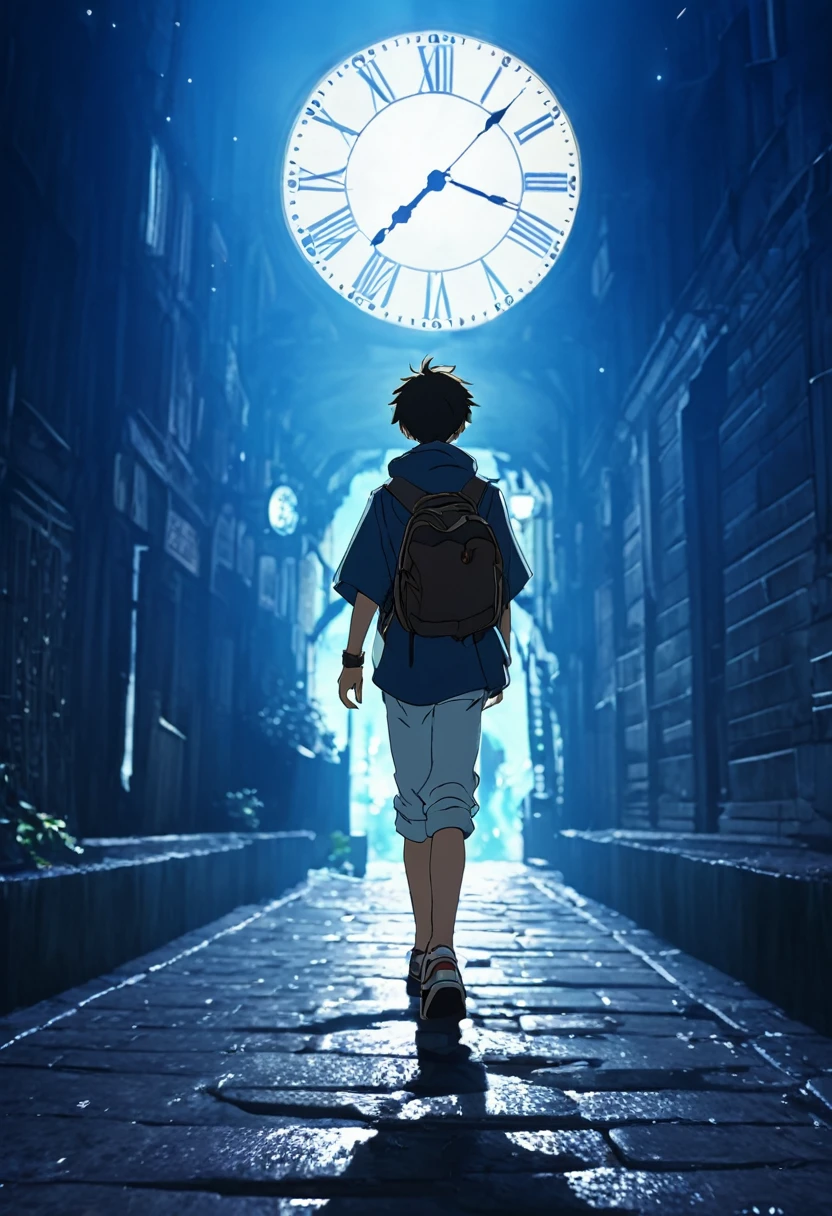 A boy walking through time, watch, anime photo, 8k