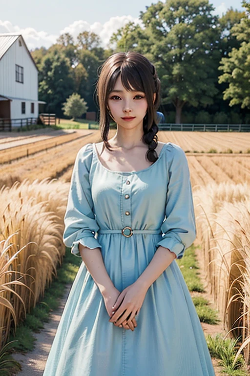 1girl, 20 years old, tall and attractive, wearing a cute country dress, hair braided, standing in a rustic farm setting. She has a soft, gentle smile and expressive eyes. In the background are charming barns, golden wheat fields and clear blue skies. The composition should be bathed in warm golden hour light, with soft depth of field and soft bokeh to accentuate the idyllic tranquility. Capture images as if they were shot on vintage 35mm film for added oomph, filmg,