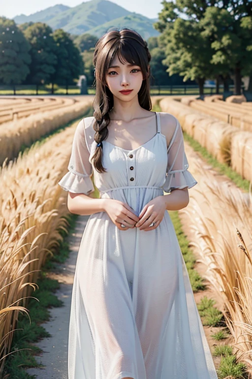 1girl, 20 years old, tall and attractive, wearing a cute country dress, hair braided, standing in a rustic farm setting. She has a soft, gentle smile and expressive eyes. In the background are charming barns, golden wheat fields and clear blue skies. The composition should be bathed in warm golden hour light, with soft depth of field and soft bokeh to accentuate the idyllic tranquility. Capture images as if they were shot on vintage 35mm film for added oomph, filmg,