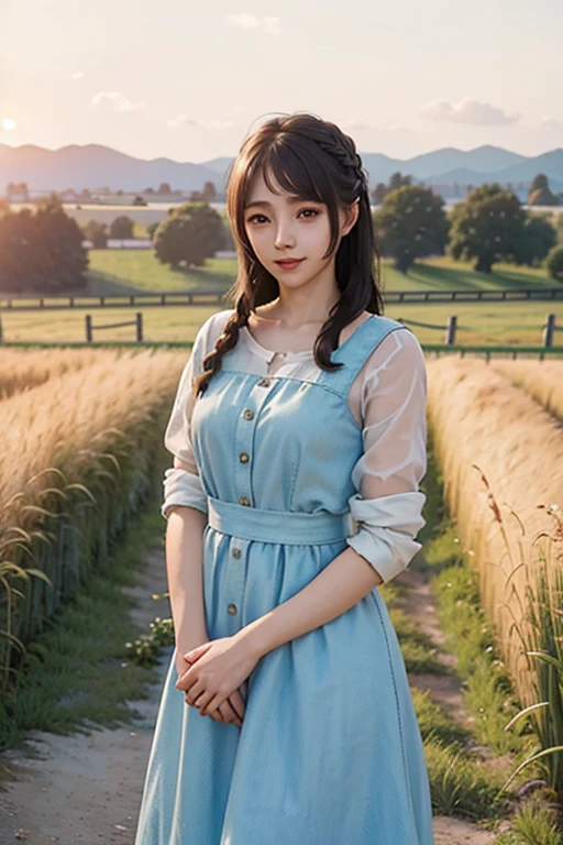 1girl, 20 years old, tall and attractive, wearing a cute country dress, hair braided, standing in a rustic farm setting. She has a soft, gentle smile and expressive eyes. In the background are charming barns, golden wheat fields and clear blue skies. The composition should be bathed in warm golden hour light, with soft depth of field and soft bokeh to accentuate the idyllic tranquility. Capture images as if they were shot on vintage 35mm film for added oomph, filmg,