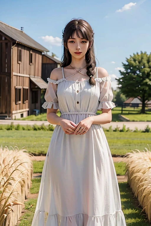 1girl, 20 years old, tall and attractive, wearing a cute country dress, hair braided, standing in a rustic farm setting. She has a soft, gentle smile and expressive eyes. In the background are charming barns, golden wheat fields and clear blue skies. The composition should be bathed in warm golden hour light, with soft depth of field and soft bokeh to accentuate the idyllic tranquility. Capture images as if they were shot on vintage 35mm film for added oomph, filmg,