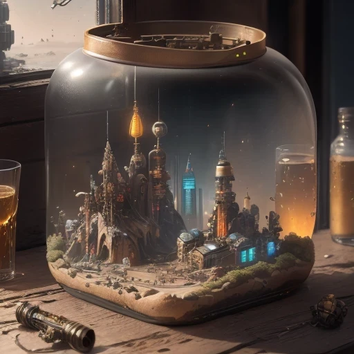3598年Mars realistic model, (bifurcation, original photo, best quality, masterpiece:1.4),SteampunkCyberpunk6820 City,(CyberpunkMars light:1.3), Mars (related to land),(in a small glass tank box:1.3),Isometric, small nature, landscape on foundation,landscape,