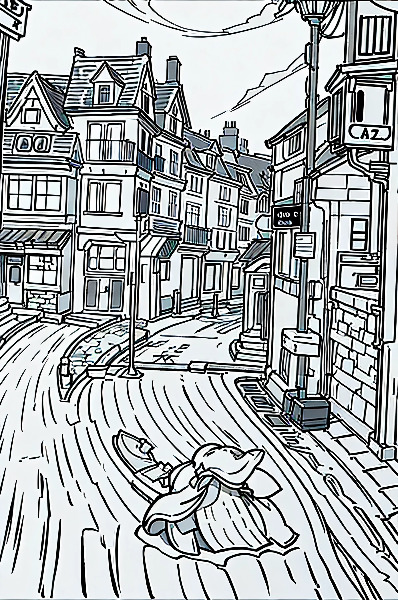 medieval street,from side, sideways,Black and white comic style,Black and white lines