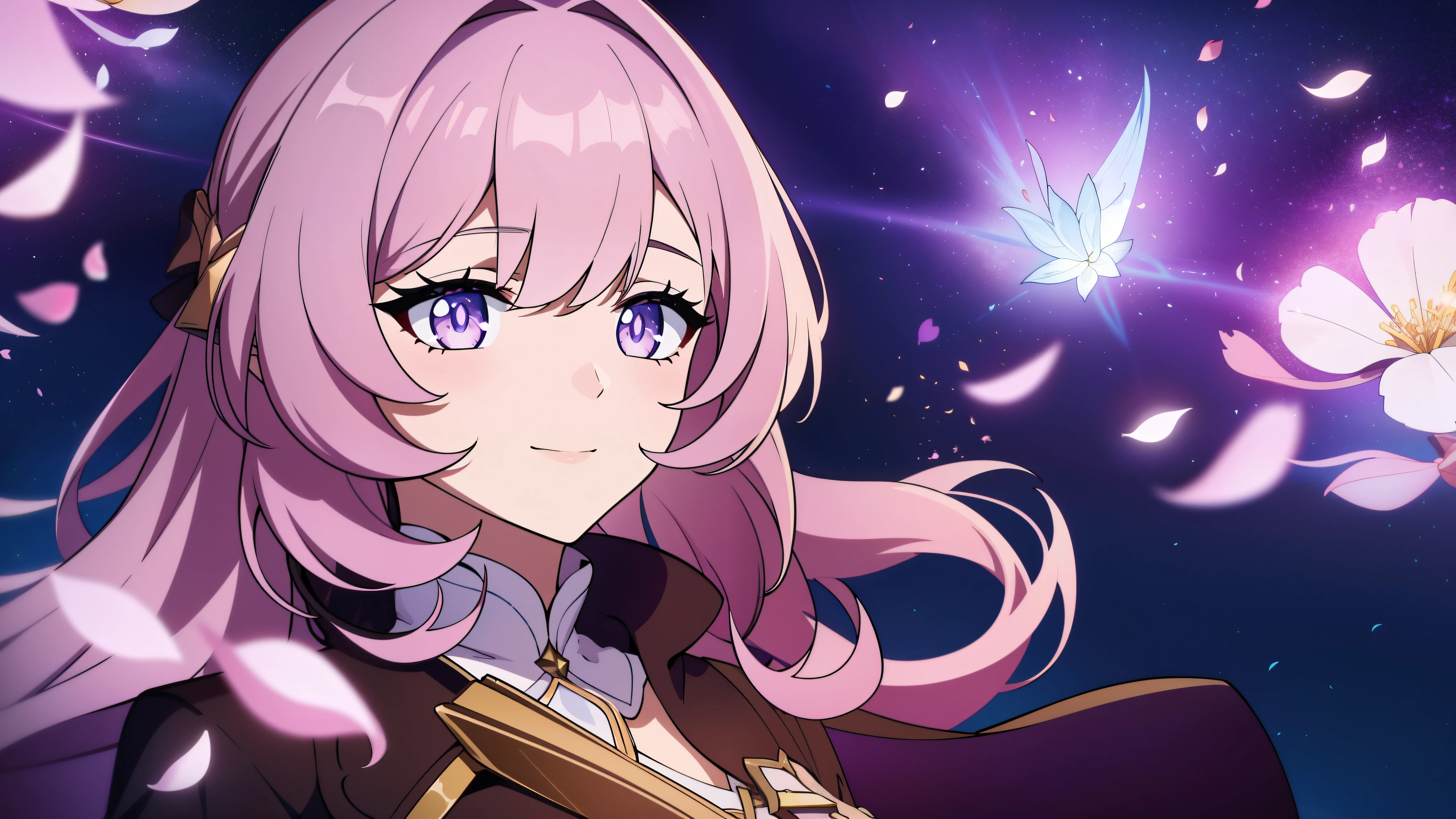 (high-quality, breathtaking),(expressive eyes, perfect face) portrait, 1girl, female, solo, young teen, black hair, pink eye color, long hair length, soft wavy hair, gentle smile, loose hair, side bangs, looking at viewer, portrait, happy expression, ribbon in hair, flower in hair, fantasy clothing, elegant, mature, height 4"3, adventurer attire, warlock attire, warlock profession, short height, Dungeons & Dragons character, cloak, shirt, Firefly Honkai Star Rail Character, flower petals, Firefly
