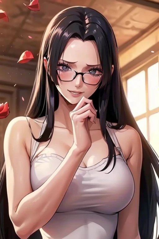 best quality, masterpiece, highly detailed,1girl, ((rose)), (vine), cage, bandage, red rope, (detail light), falling rose petals, Boa Hancock, , (masterpiece:1.5), Detailed Photo, Smiling, Sexy, (8K, Best Quality: 1.4), (1girl), Beautiful Face, (anime realistic Face), (Black Hair, long Hair: 1.3), Beautiful Hairstyle, Realistic eyes, beautiful detail eyes, (white skin), beautiful skin, absurd, attractive, ultra high resolution, ultra realistic, high definition, golden ratio, (sexually aroused:1.5), Pinkish white skin, cool white light, sexy pose, Beautiful , white background, pink soft white light, Wear a white tank top, mature, wife, (wearing glasses:1.3)