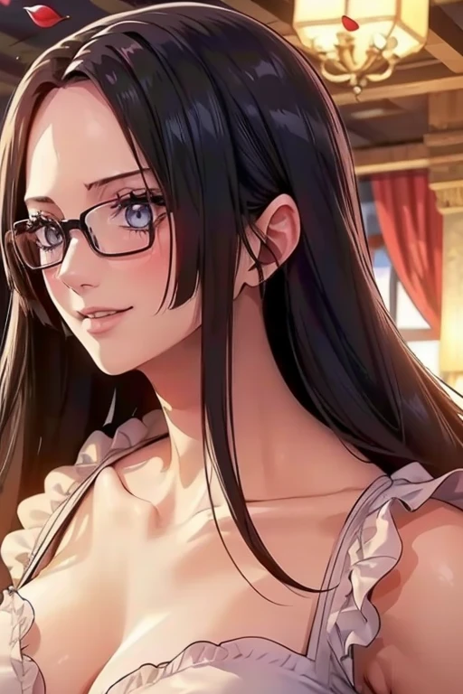 best quality, masterpiece, highly detailed,1girl, ((rose)), (vine), cage, bandage, red rope, (detail light), falling rose petals, Boa Hancock, , (masterpiece:1.5), Detailed Photo, Smiling, Sexy, (8K, Best Quality: 1.4), (1girl), Beautiful Face, (anime realistic Face), (Black Hair, long Hair: 1.3), Beautiful Hairstyle, Realistic eyes, beautiful detail eyes, (white skin), beautiful skin, absurd, attractive, ultra high resolution, ultra realistic, high definition, golden ratio, (sexually aroused:1.5), Pinkish white skin, cool white light, sexy pose, Beautiful , white background, pink soft white light, Wear a white tank top, mature, wife, (wearing glasses:1.3)