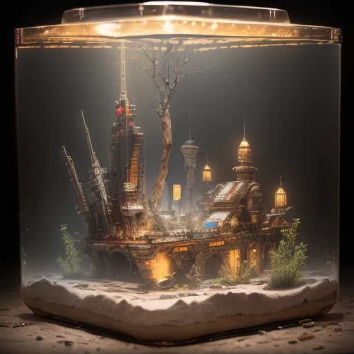 3598年Mars realistic model, (bifurcation, original photo, best quality, masterpiece:1.4),SteampunkCyberpunk6820 City,(CyberpunkMars light:1.3), Mars (related to land),(in a small glass tank box:1.3),Isometric, small nature, landscape on foundation,landscape,