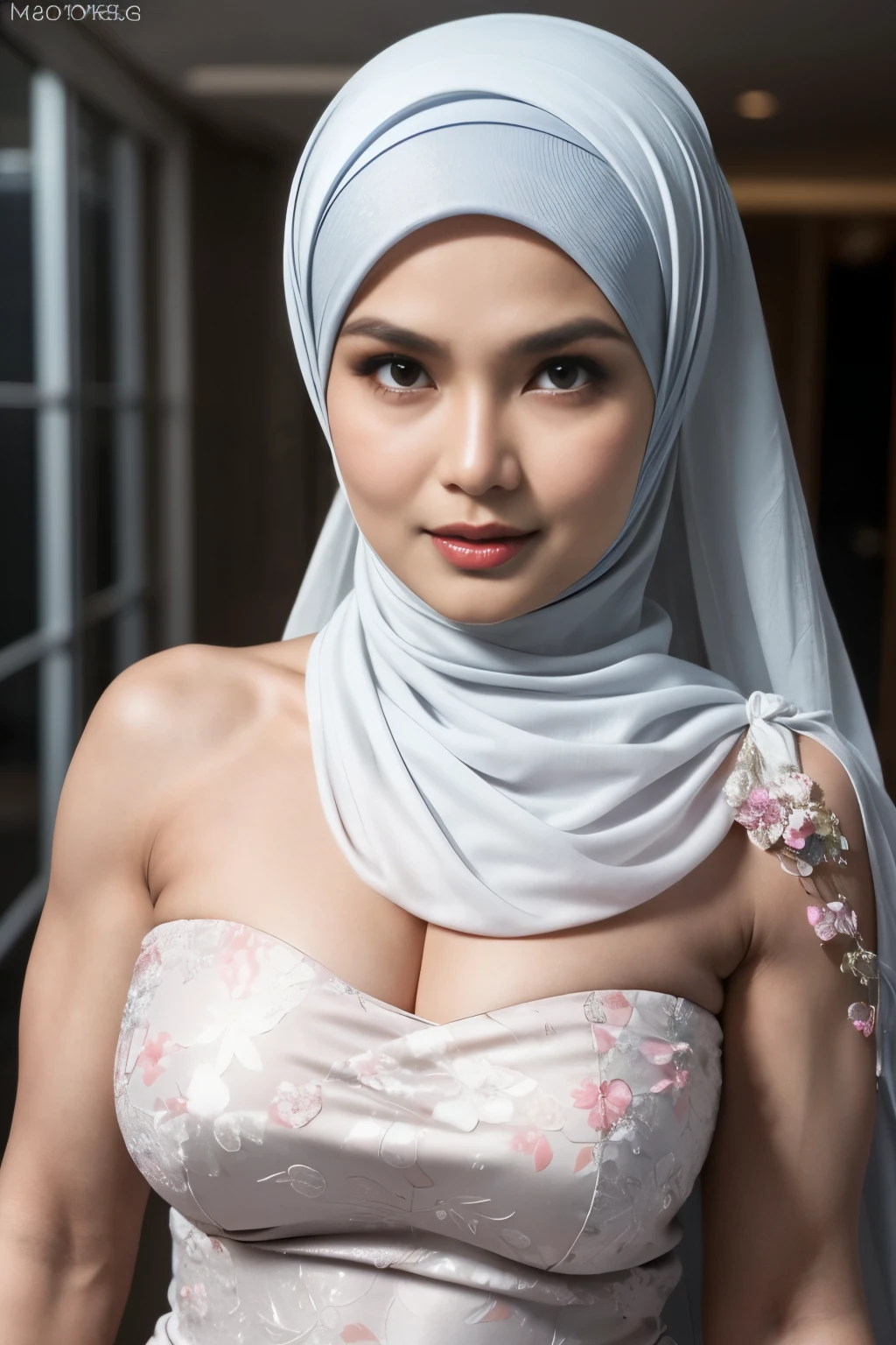 Transparent, ((SHORT HIJAB)), ((Gigantic tits:1)), (dynamic photograph of a 58 year old Indonesian woman), (slim top, cotton panties), (straight non curly hair), (highly detailed face:1.4), (vascular muscles and abs:1.3), (background inside light, bright, private gym:1.1), (8k, uhd, dslr, high quality, cinematic lighting, bokeh), (dramatic, award winning photography, incredible masterpiece:1.3), (((sexy sultry stare at camera:0.8))), ((she is ready to dominate you:0.5)), ((beautiful feminine face)), add_detail:1, ((Colourful strapless floral pattern))