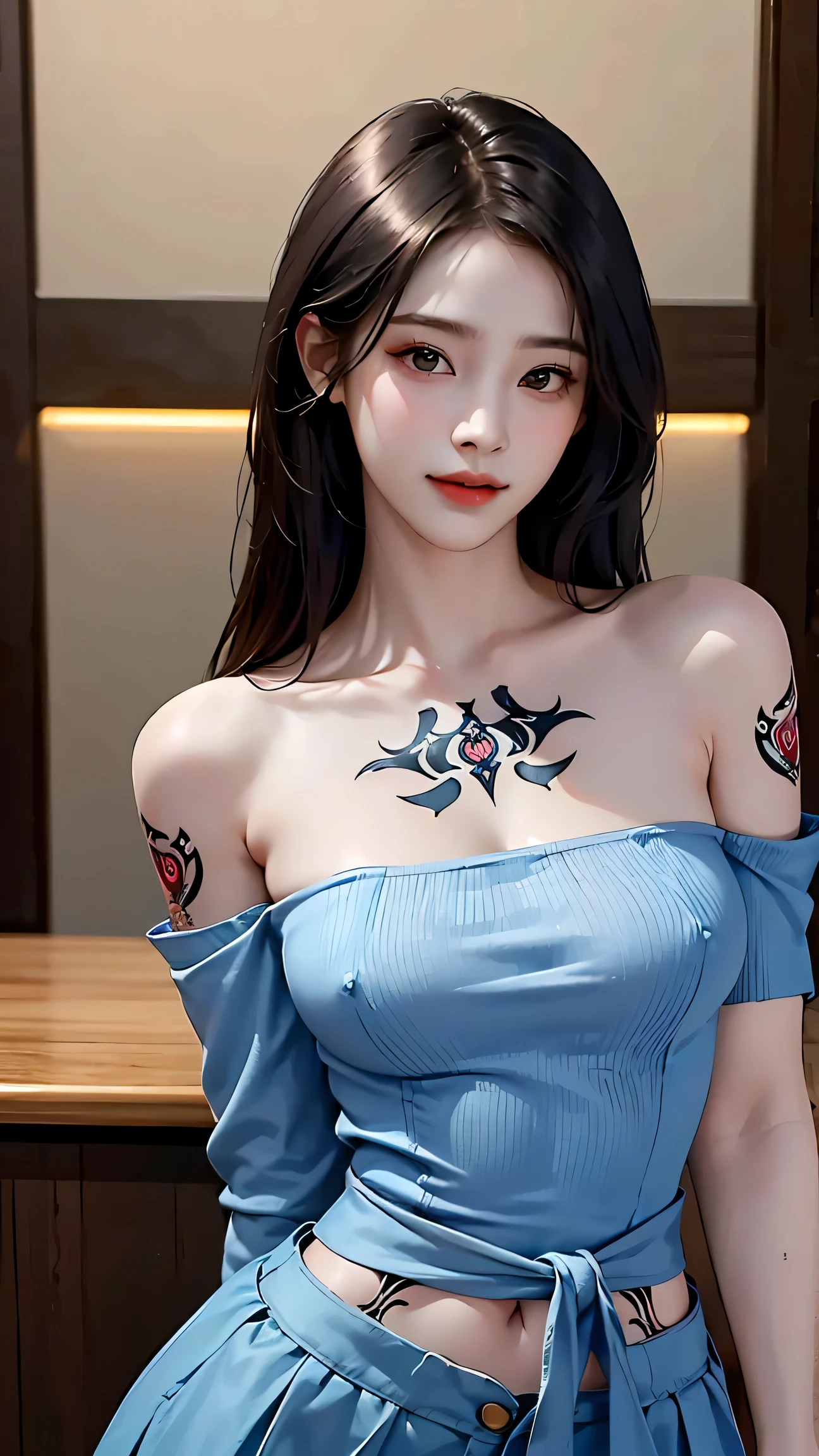One girl, Off the shoulder, A light smile, Shiny skin, highest quality, masterpiece, (Realistic:1.4), (((He has many tattoos all over his body)), (((Tight waist))), (()),Expression of intense  pleasure、(Embarrassed look),(See-through)