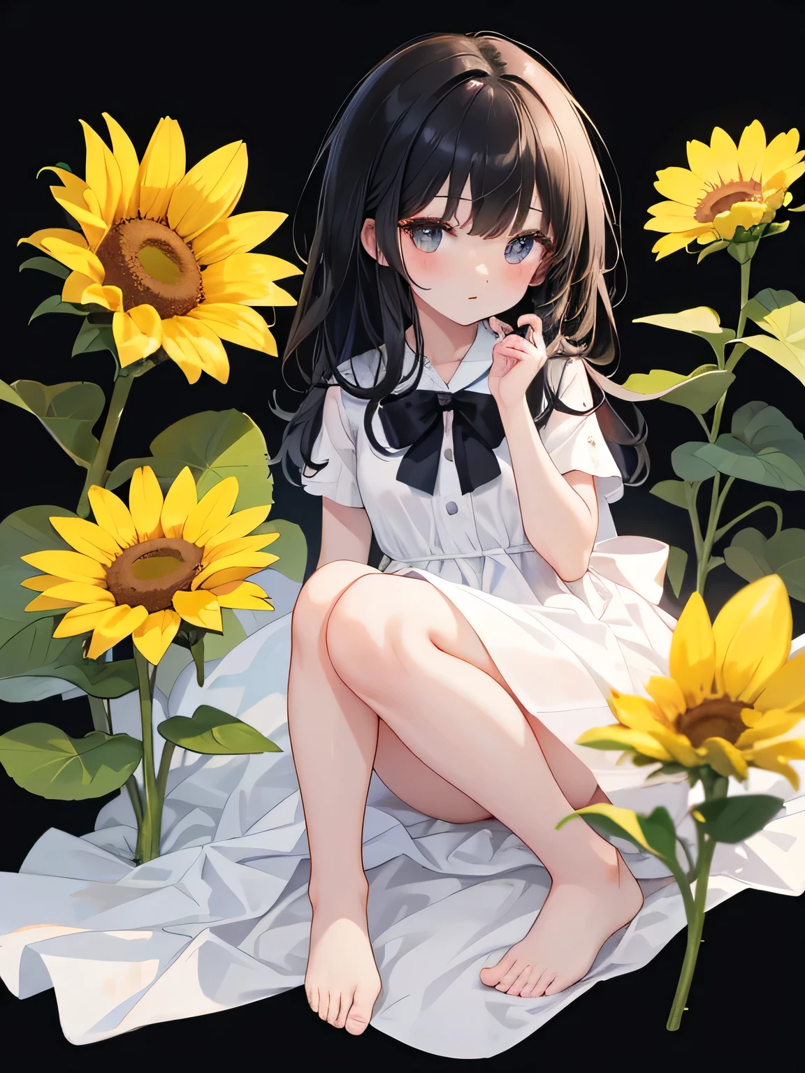 Yoke hair,White simple dress,Middle school students,cute,Black Hair,Black pupil,Shut up,Full body portrait,Holding a sunflower,White background,curious