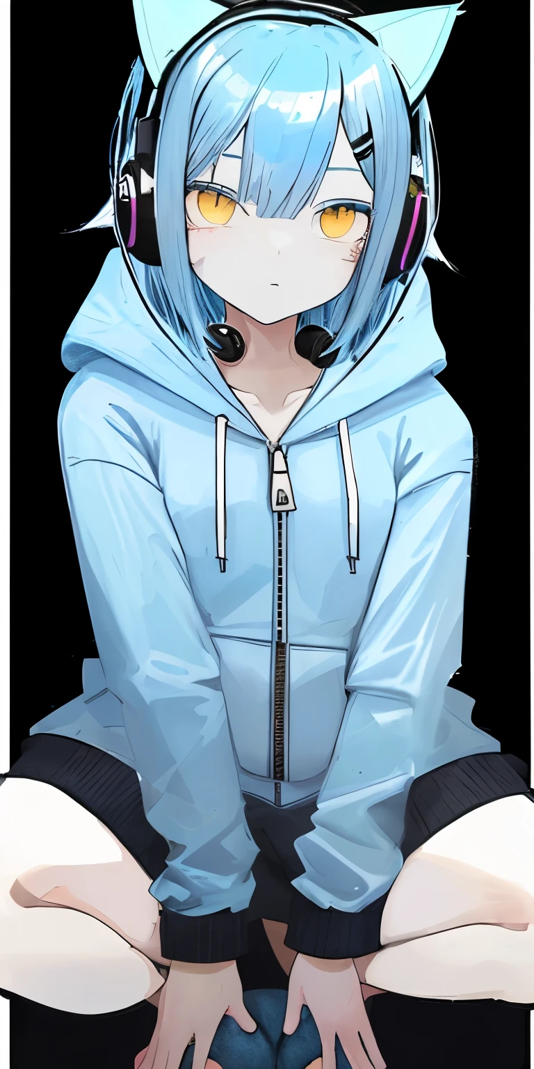 Game girl, bob, light blue hair, zip-up hoodie, fish pin, yellow eyes, cat ears, headphones, transparent background