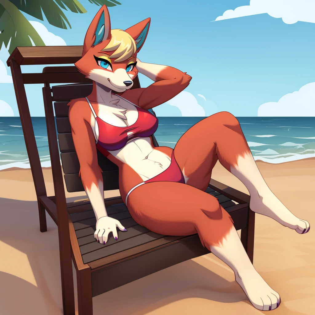 a anthropomorphic white descent female mink wearing a red swimsuit and has  thighs and sitting in a  position and had a SUS expression and sitting with crossed legs and sitting next to a purple fox character wearing black swimming shorts and sin the beach in the furry animation style in comic aesthetic 