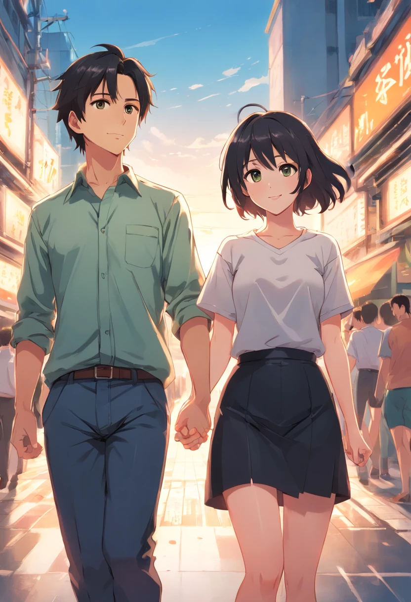 A man and a woman aged 19 years, the man is very handsome with white skin and black hair and brown eyes, the man wears a green jacket and white t-shirt, and the man wears black jeans, while the woman is very beautiful with white skin and long black hair and brown eyes, the woman has big breasts, the woman is wearing a white shirt and a black mini skirt, the woman is holding her hand the man, the woman looks at the man and smiles while walking forward, while the man just has a flat face while walking forward