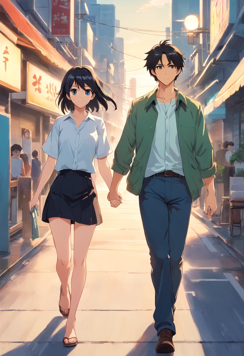 A man and a woman aged 19 years, the man is very handsome with white skin and black hair and brown eyes, the man wears a green jacket and white t-shirt, and the man wears black jeans, while the woman is very beautiful with white skin and long black hair and brown eyes, the woman has big breasts, the woman is wearing a white shirt and a black mini skirt, the woman is holding her hand the man, the woman looks at the man and smiles while walking forward, while the man just has a flat face while walking forward