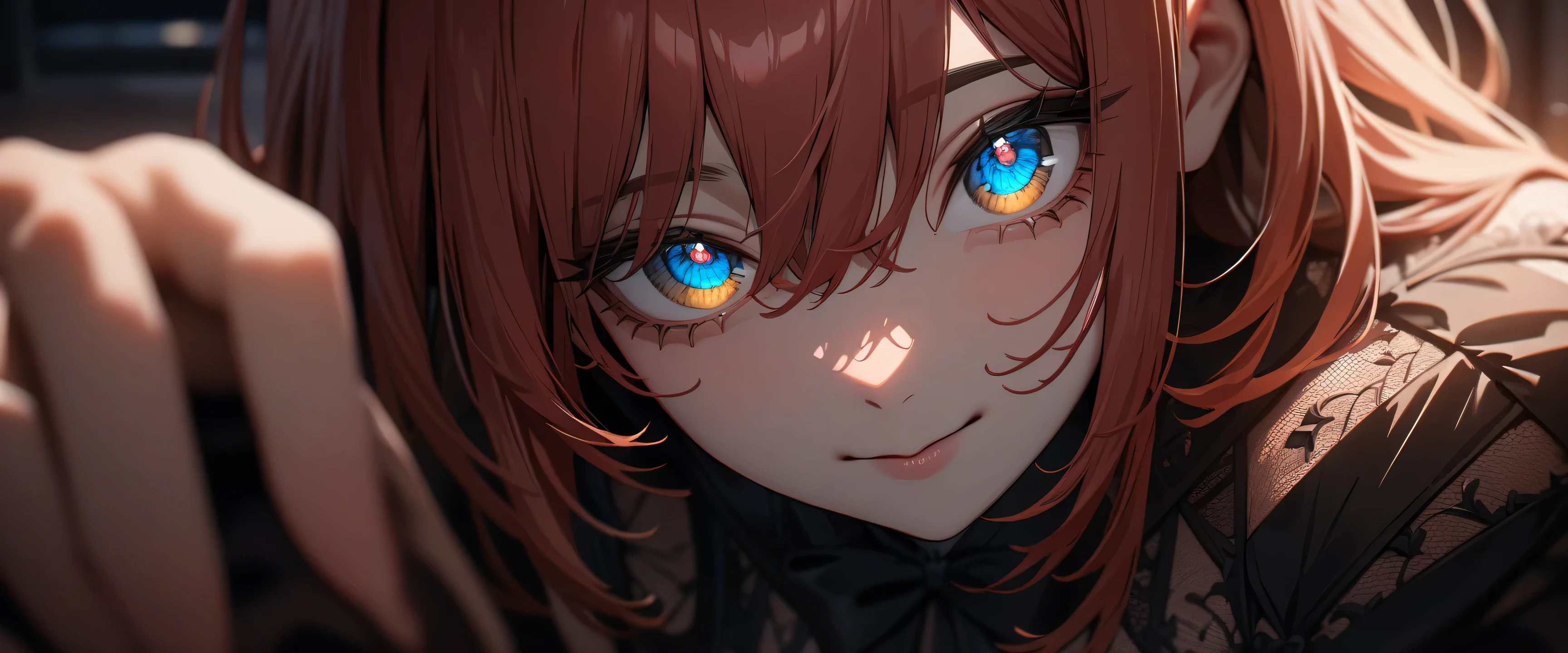 One girl, hand, Chainsaw Man, Redhead, Golden Eyes, (smile:0.7), Face close-up, Cowboy Shot, front, Centered, View your viewers, Bedroom, masterpiece, highest quality, Absurd, In underwear, Sexy corsets, lace and lingerie with great detail,Bedroom, ((masterpiece)), (((highest quality))), ((Super detailed)) , break (masterpiece:1.2), highest quality, High resolution, unity 8k wallpaper, (figure:0.8), (Detailed and beautiful eyes:1.6), Highly detailed face, Perfect lighting, Extremely detailed CG, (perfect hand, Perfect Anatomy),