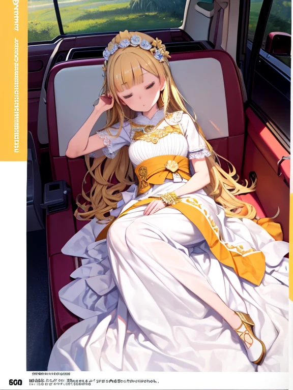 ((masterpiece)), ((highest quality)), 8k, High resolution, Super Detail, (woman), (White dress with yellow gold trim), (Scattered golden hair ornaments), (Closed eyes) (Sleeping in the car 1.6) (Full body display 1.4) この作品はmasterpieceだ, The highest quality and attention to detail, captured in 8k High resolution. Photographic Realistic, Realistic, very detailed illustrations Realistic, Octane Rendering