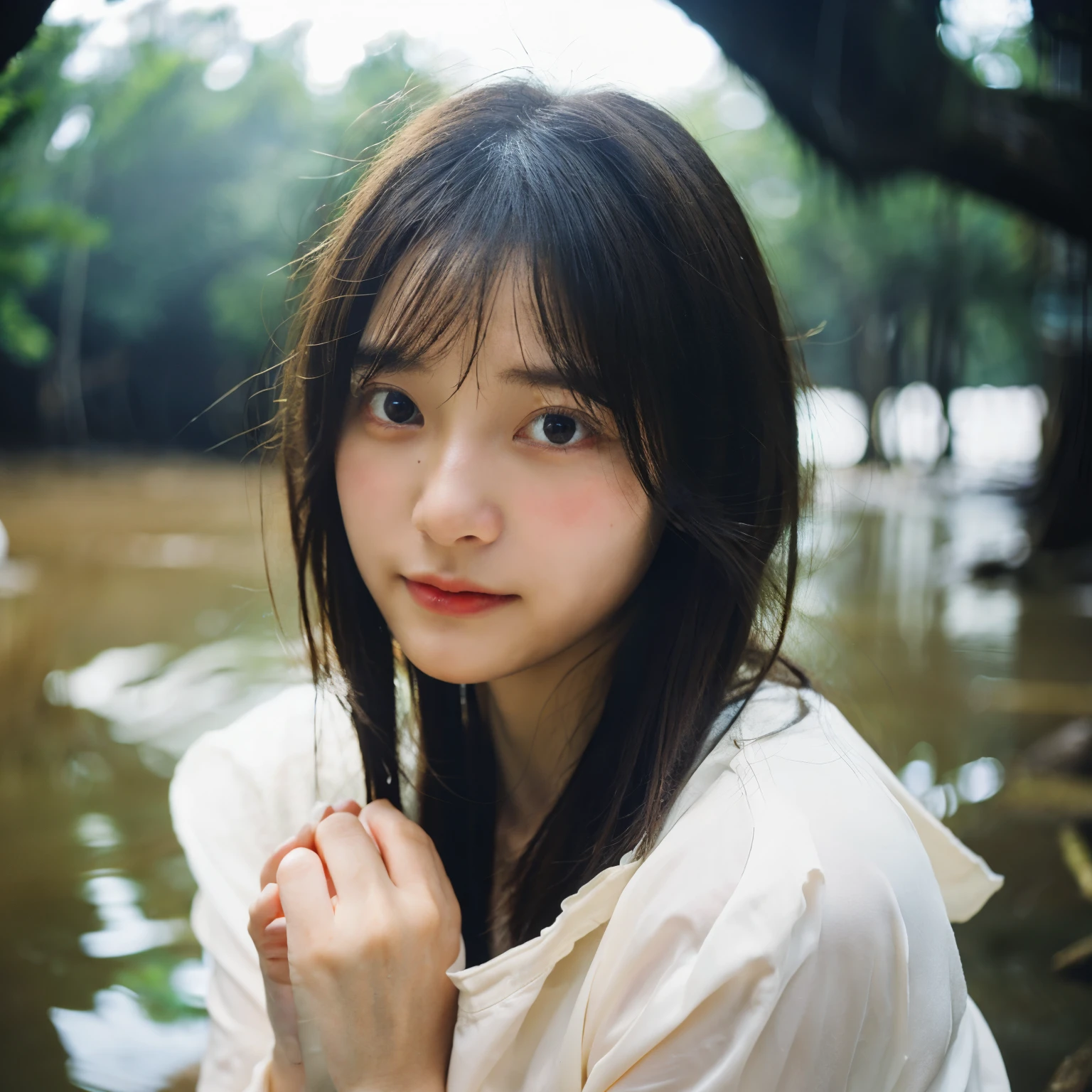 Beautiful face, Best quality,ultra high natural light, shiny skin,detailed skin,detailed face,detailed eyes, beautiful japanese girl, In the deep forest, (fog:1.2), rain, puddle, fog, water, pour out, A lot of trees