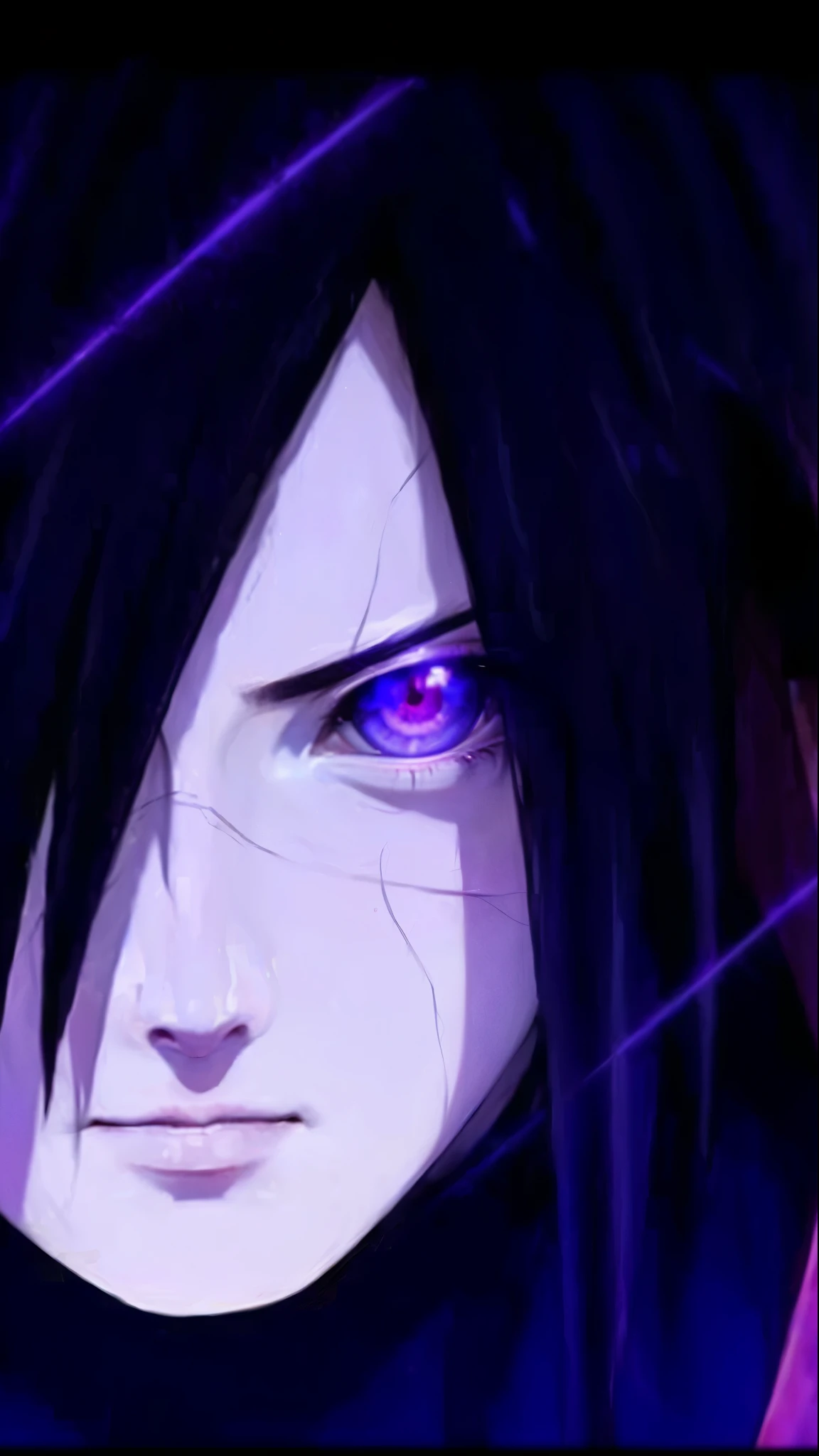 a close up of a person with long hair and purple eyes, madara uchiha, madara uchiha, madara uchiha, ultra realistic, 70 mm, red eye,