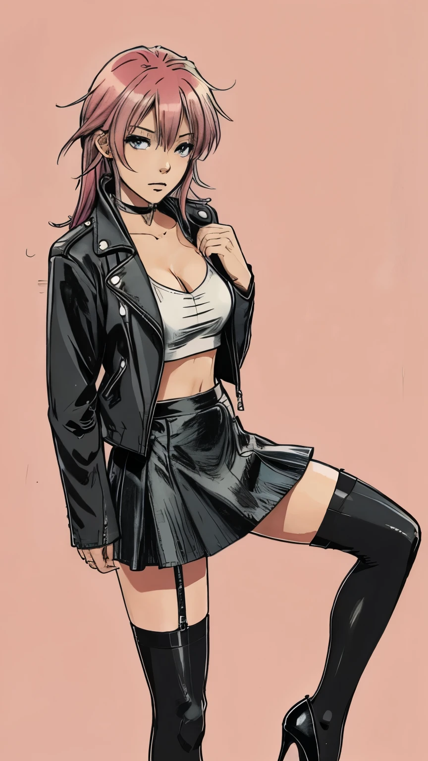 An anime woman with colored hair,leather jacket, skirt, stockings, heels, full body, monochrome background
