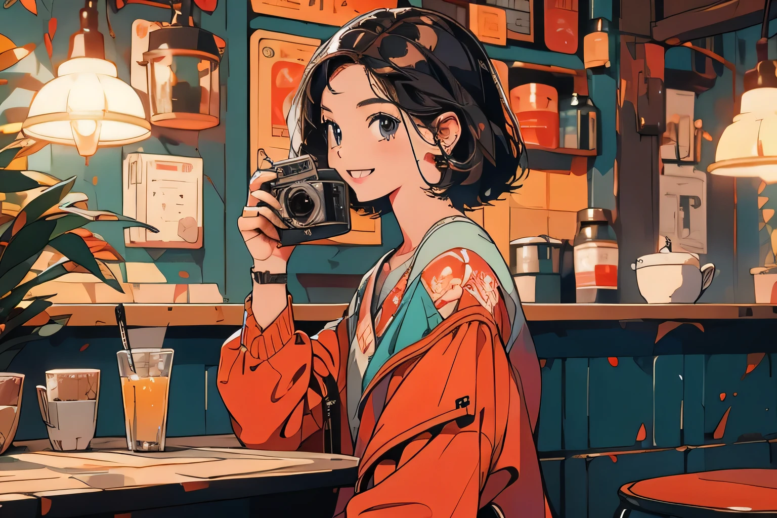masterpiece、Smiling girl holding a camera indoors、Short hair
