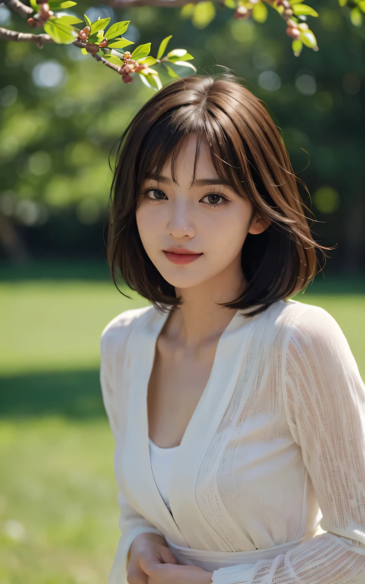 masterpiece, best picture quality, high quality, Beautiful woman, Japanese, detailed, detailed eyes, detailed skin, beautiful skin, ultra high resolution, (reality: 1.4),very beautiful, a younger face, beautiful skin, slim, (Extremely realistic), (high resolution), (8K), (very detailed) (beautifully detailed eyes), (super detailed), (wallpaper), (detailed face), looking at viewer, fine details, detailed face, thinking of someone, looking straight ahead, looking straight ahead, angle above waist, realistic photo, bright lights, professional lighting,big bust, mature woman, (brown hair, bob hair, layer cut, shaking in the wind, forehead),