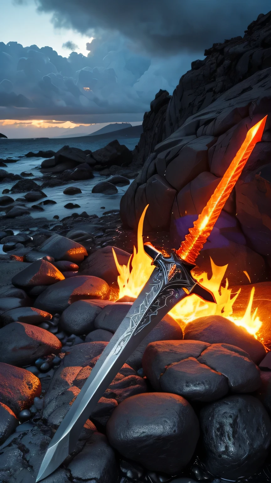 Legendary sword made with lava placed on rocks